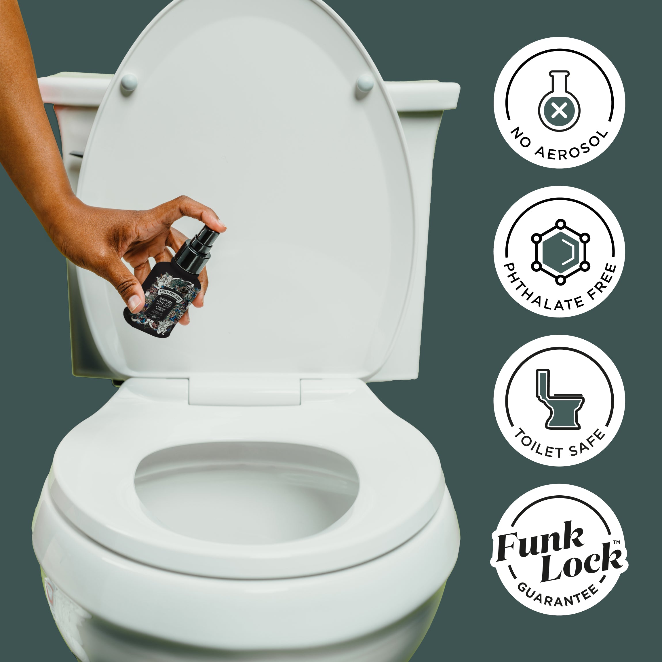 No aerosol, phthalate free, toilet safe, funk lock guarantee.