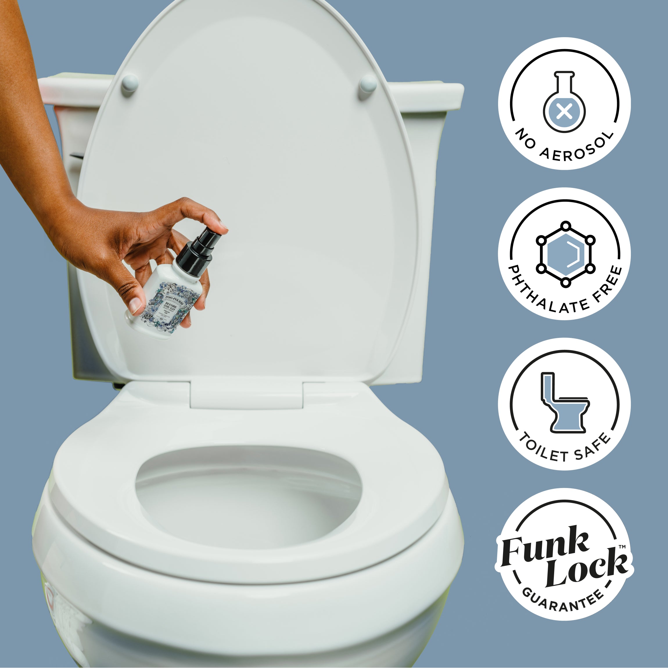 No aerosol, phthalate free, toilet safe, funk lock guarantee.