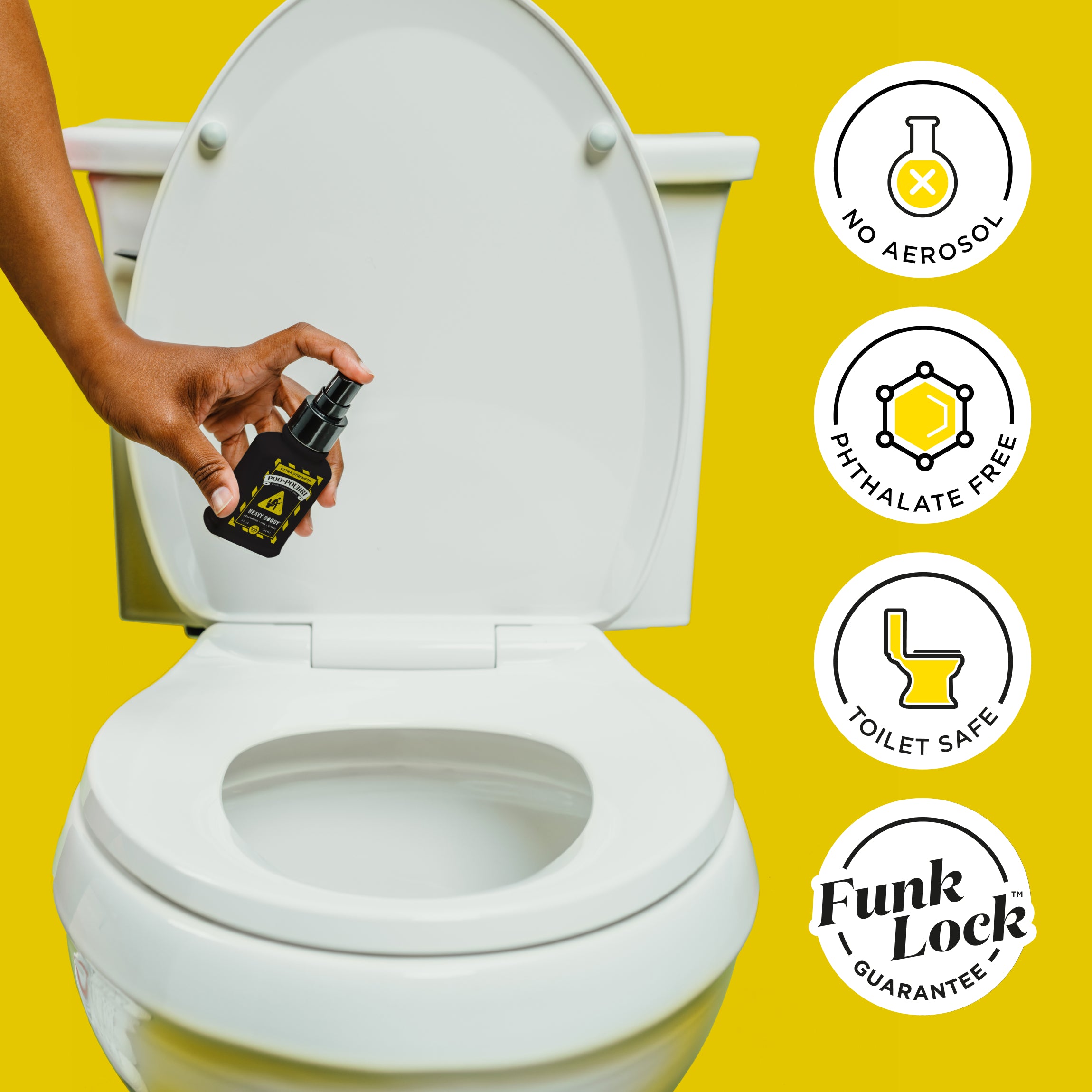 No aerosol, phthalate free, toilet safe, funk lock guarantee.