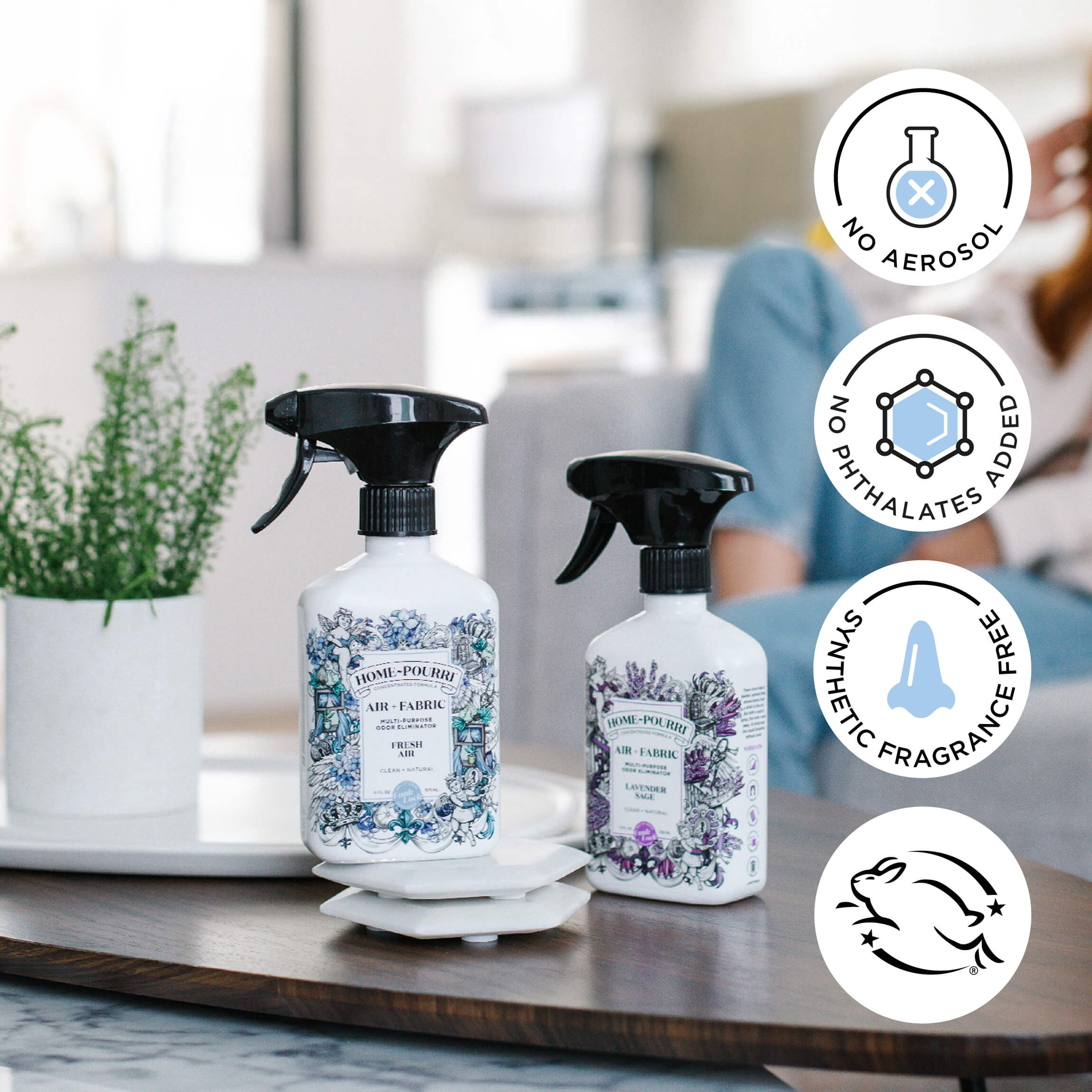 Two Home Pourri sprays on table with icons showing no aerosol, no phthalates, synthetic fragrance free, and cruelty free.