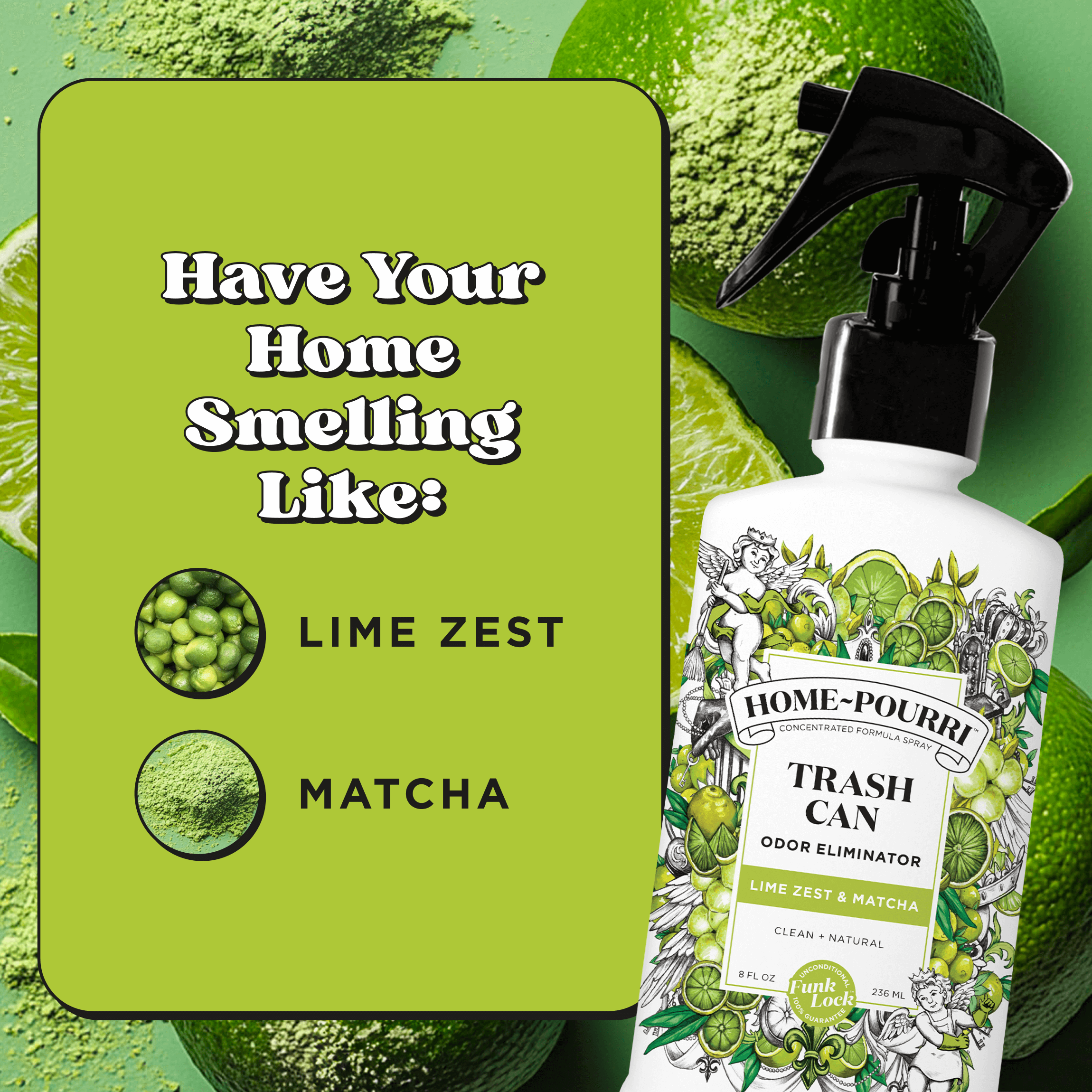 Home~Pourri Lime Zest & Matcha spray with notes of lime zest, matcha for a clean, fruity scent.