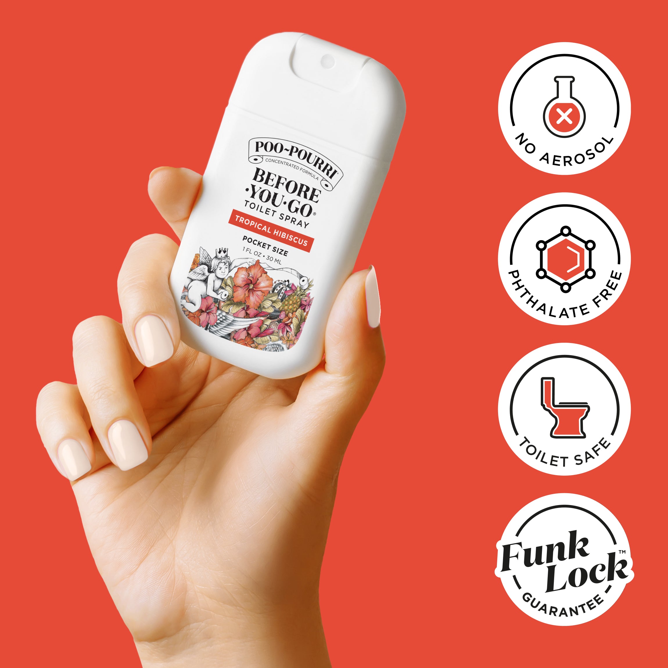 No aerosol, phthalate free, toilet safe, funk lock guarantee.