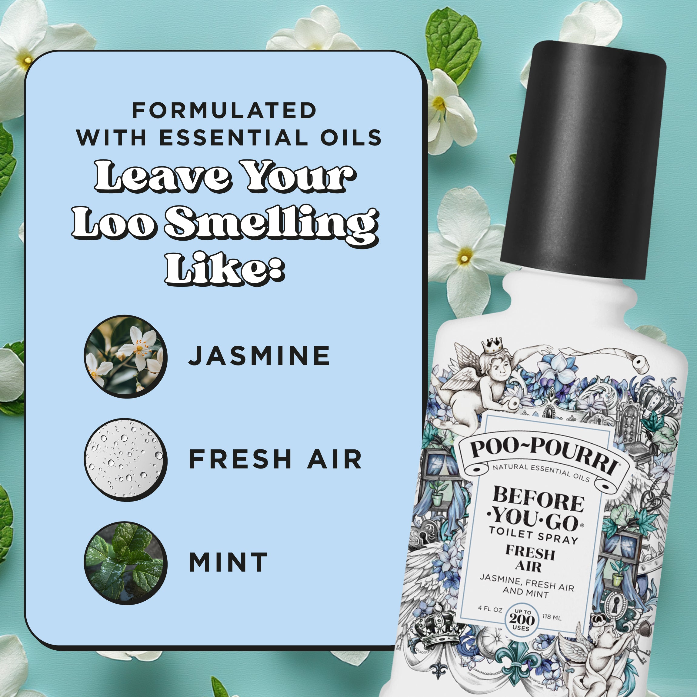 Formulated with essential oils. Leave your loo smelling like: Jasmine, fresh air and mint.