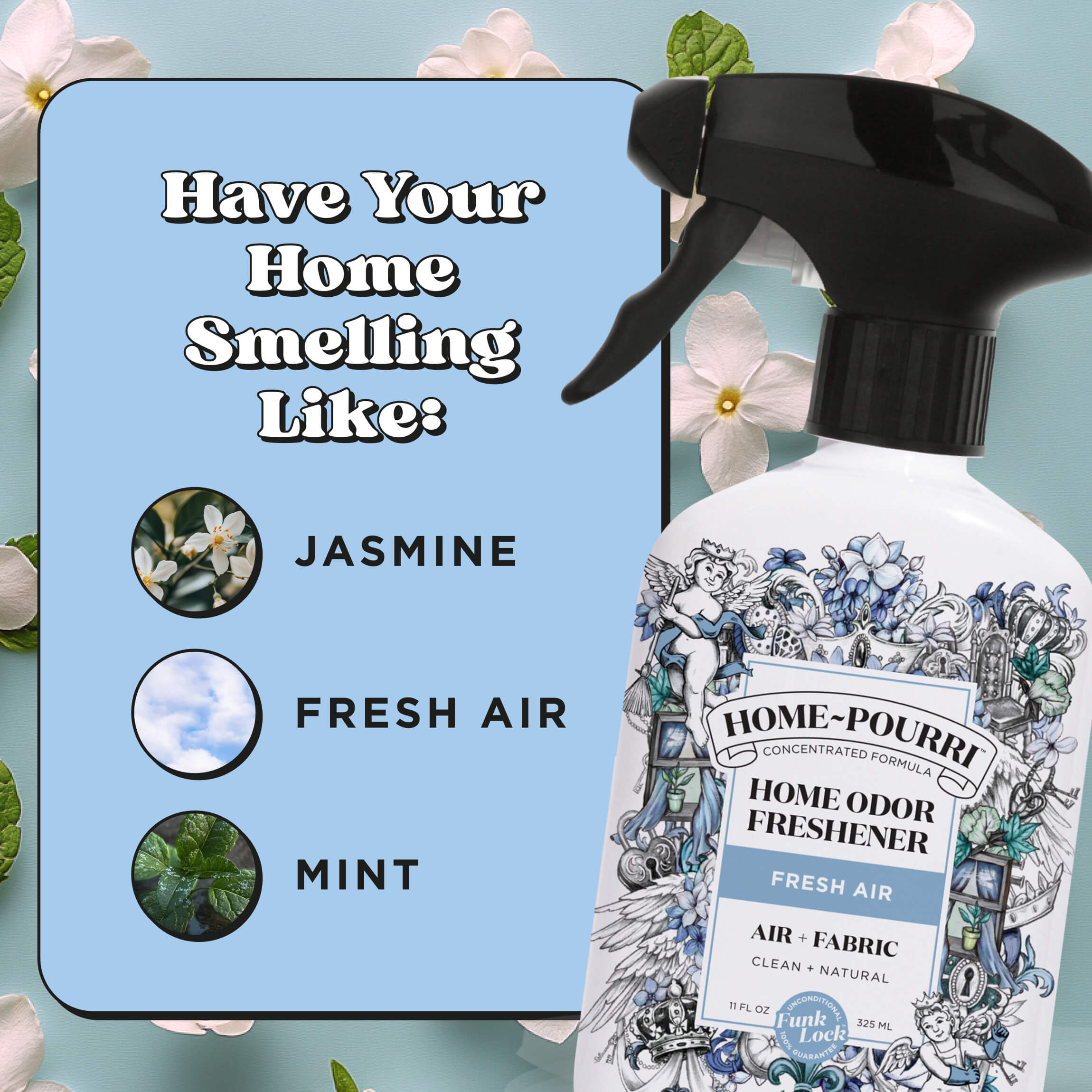 Comparison chart showing Home~Pourri Bamboo Rain Air + Fabric Spray outperforms the competition with essential oils, odor elimination, clean ingredients, and a money-back guarantee.