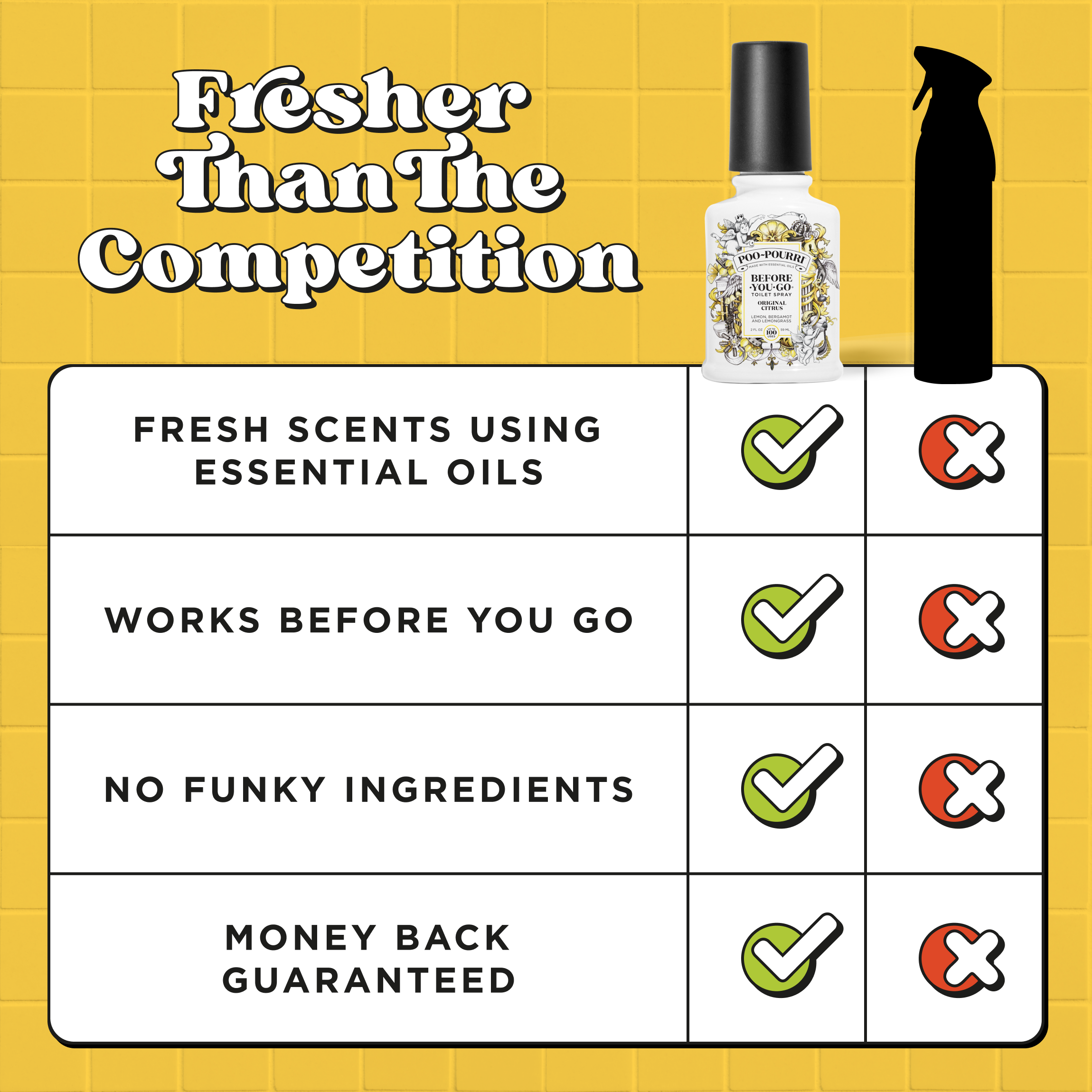Fresher than the competition: Fresh scents using essential oils, works before you go, no funky ingredients, money back guaranteed.