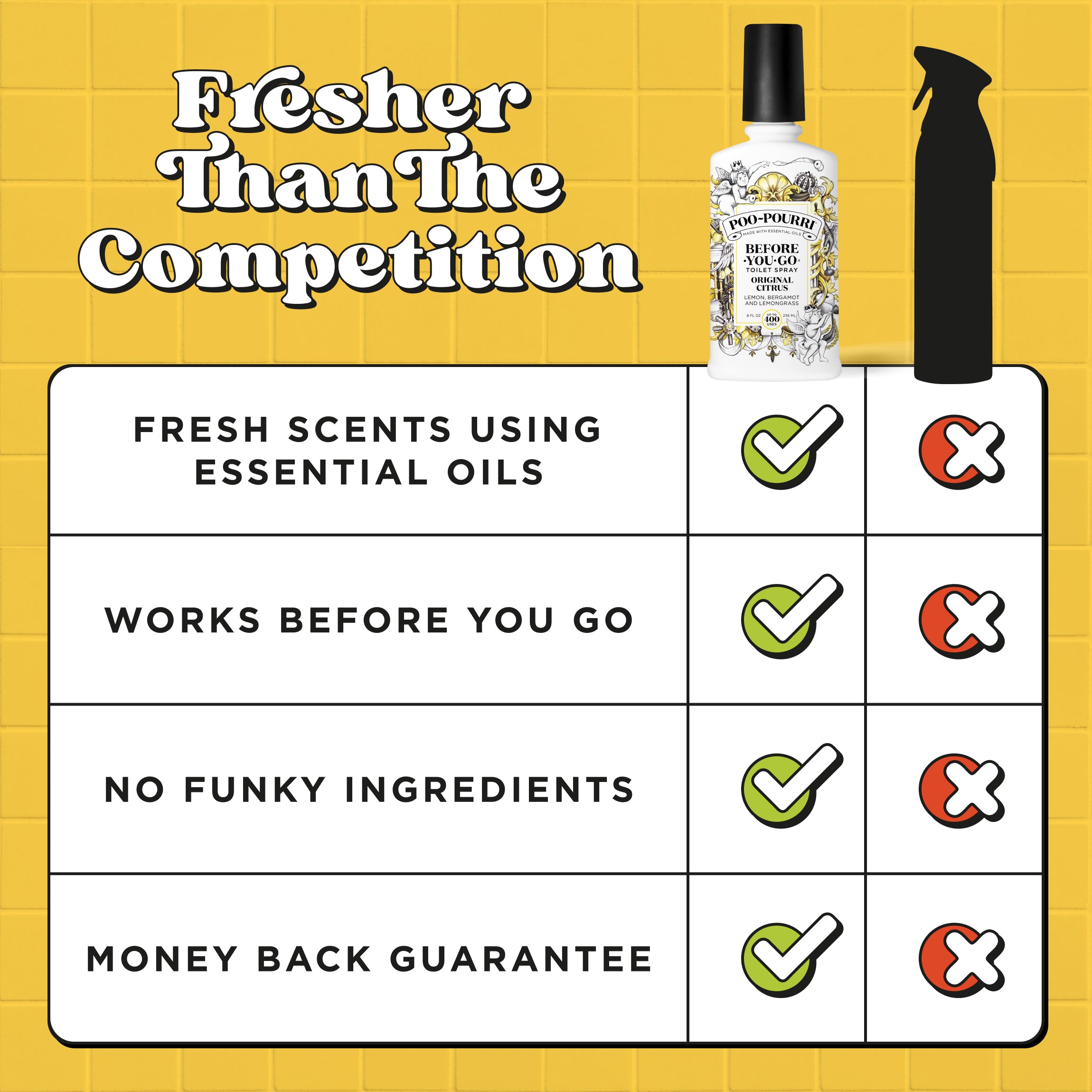 Fresher than the competition: Fresh scents using essential oils, works before you go, no funky ingredients, money back guaranteed.