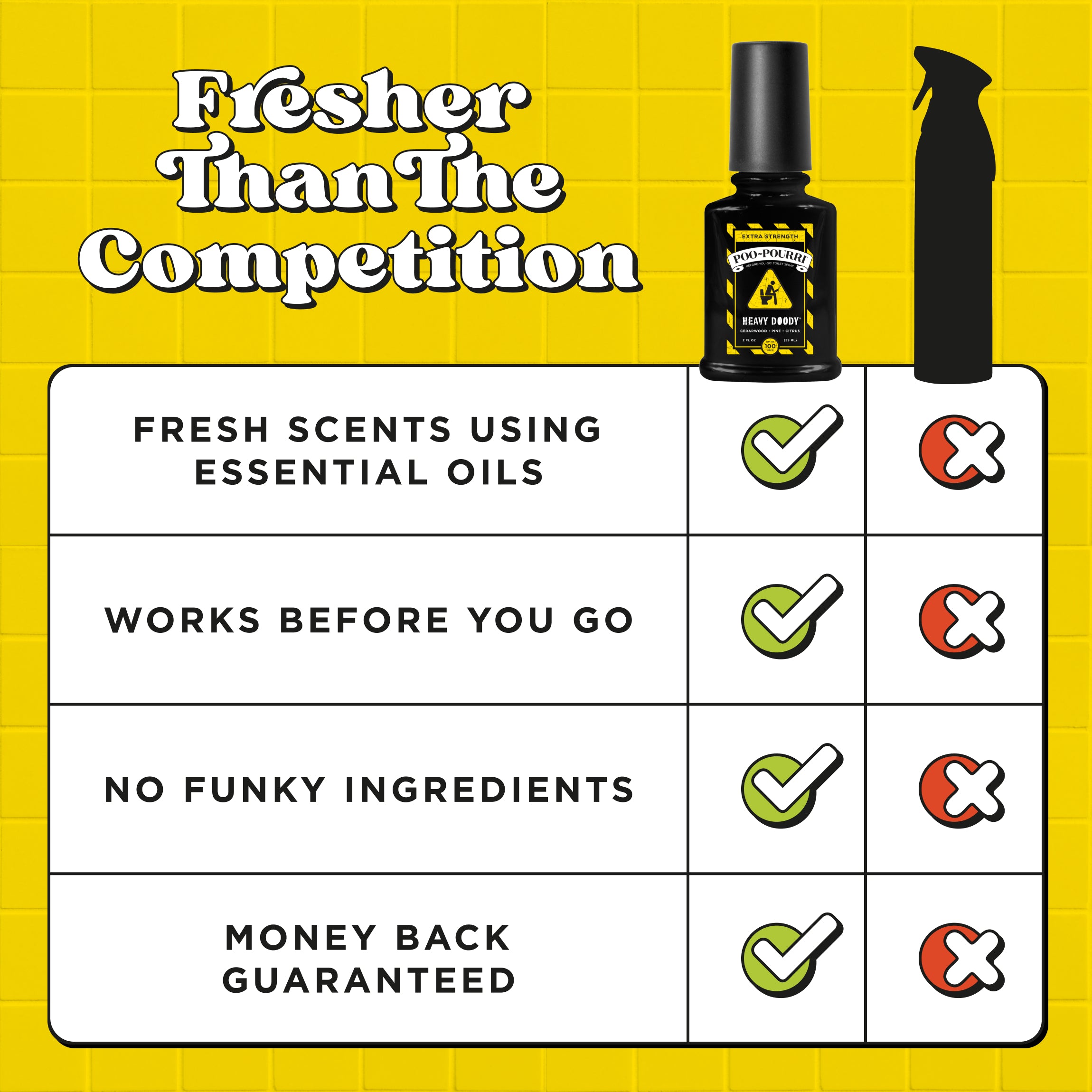 Fresher than the competition: Fresh scents using essential oils, works before you go, no funky ingredients, money back guaranteed.