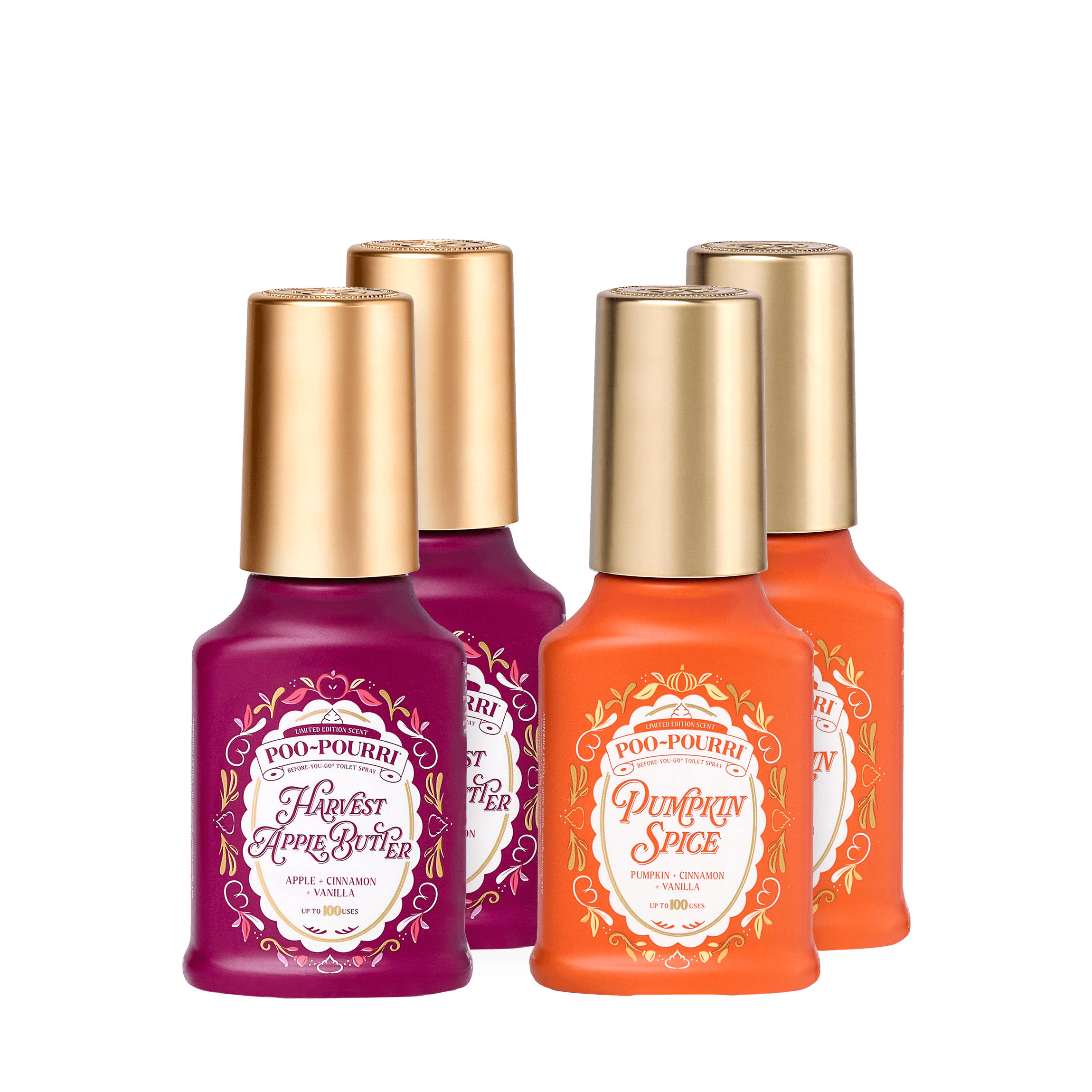 Poo~Pourri Autumn Obsessed Bundle featuring two limited-edition Before-You-Go Toilet Spray bottles in Harvest Apple Butter (apple, cinnamon, vanilla) and two in Pumpkin Spice (pumpkin, cinnamon, vanilla), each with gold caps and good for up to 100 uses.