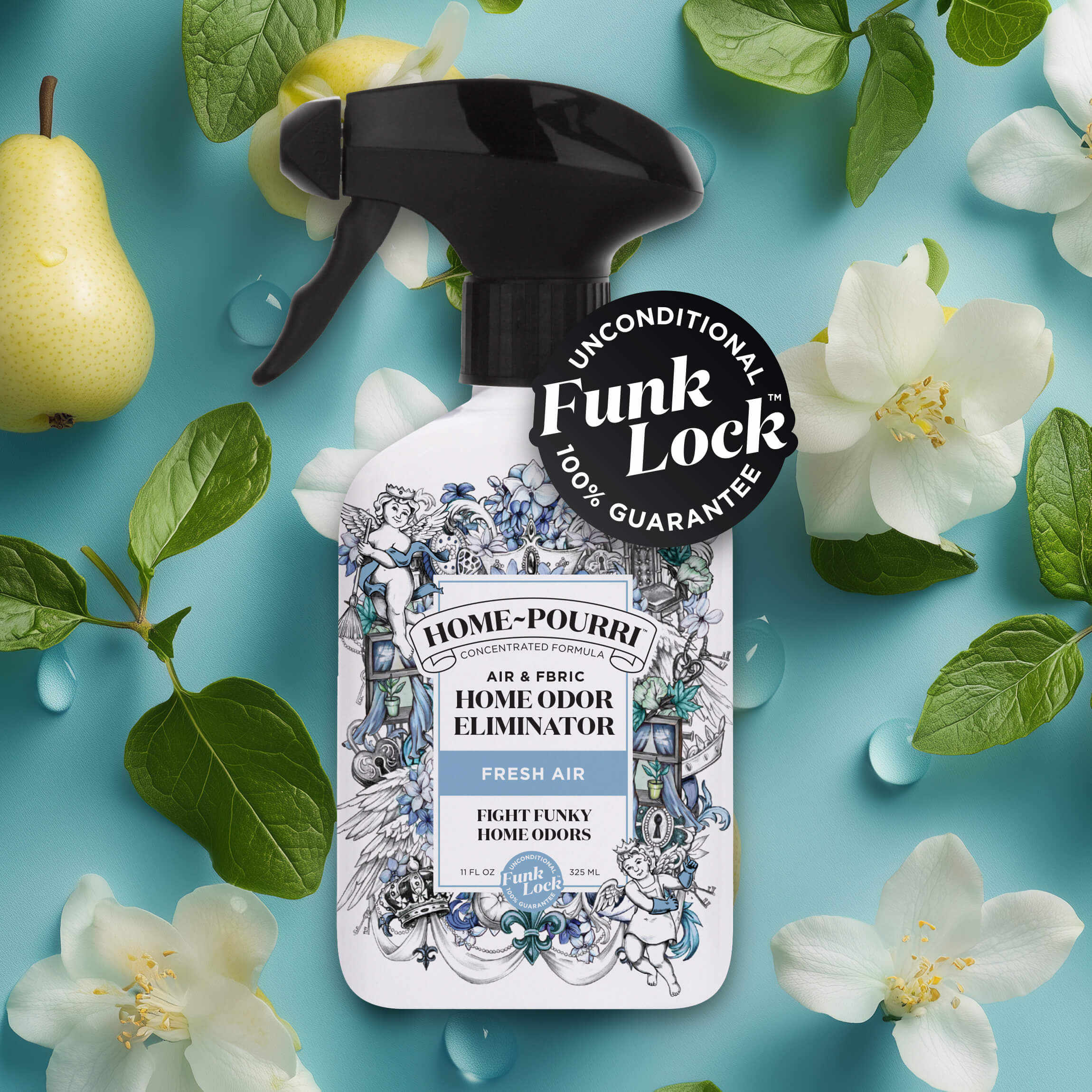 Home-Pourri Home Odor freshener in Fresh Air scent, surrounded by fresh pears and green leaves on a vibrant light blue background, highlighting natural essential oil ingredients and unconditional Funk Lock 100% guarantee.