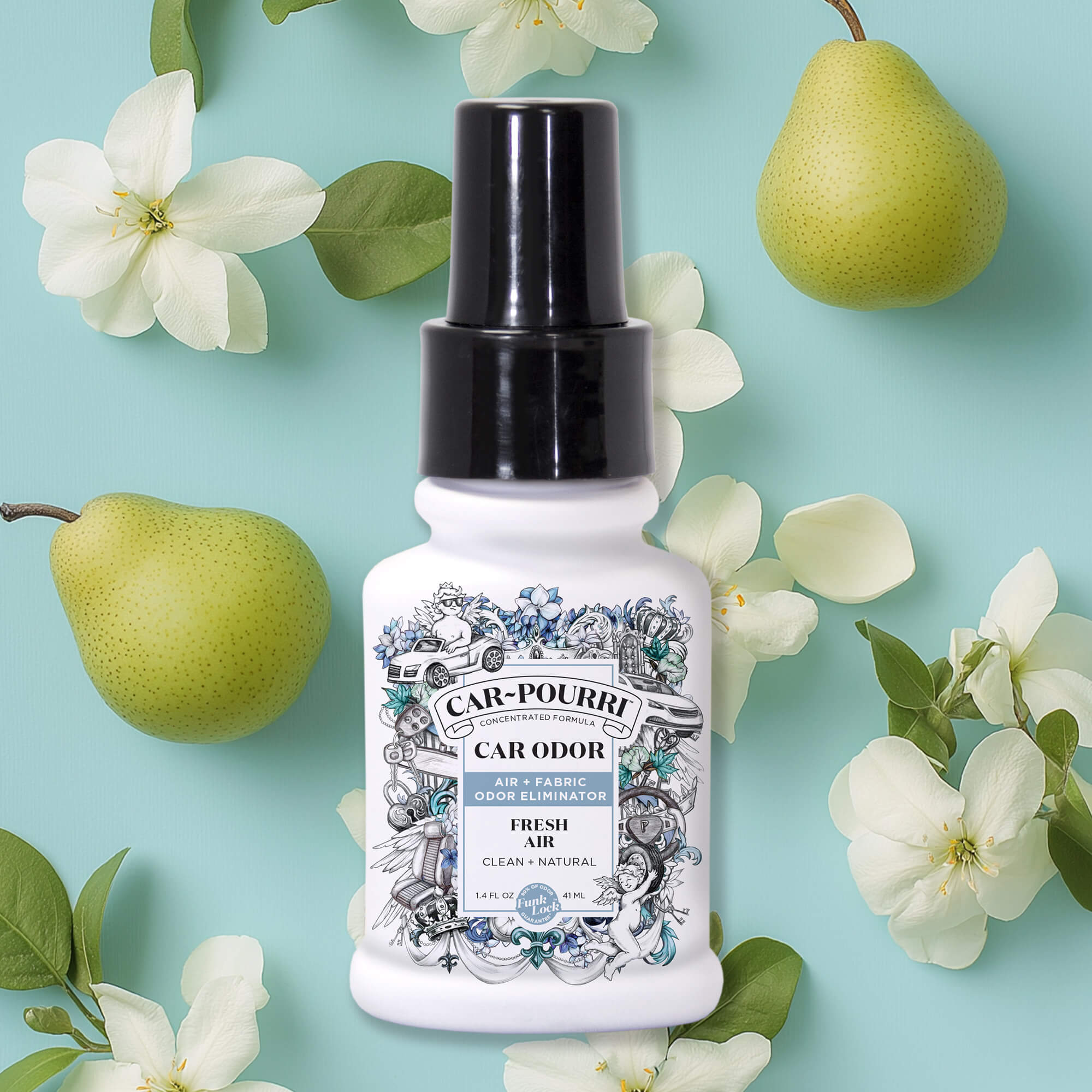A bottle of Fresh Air - Car~Pourri Car Air Freshener by ~Pourri sits on a turquoise surface with white flowers and green pears, infused with essential oils to refresh the air and eliminate unwanted car odors.