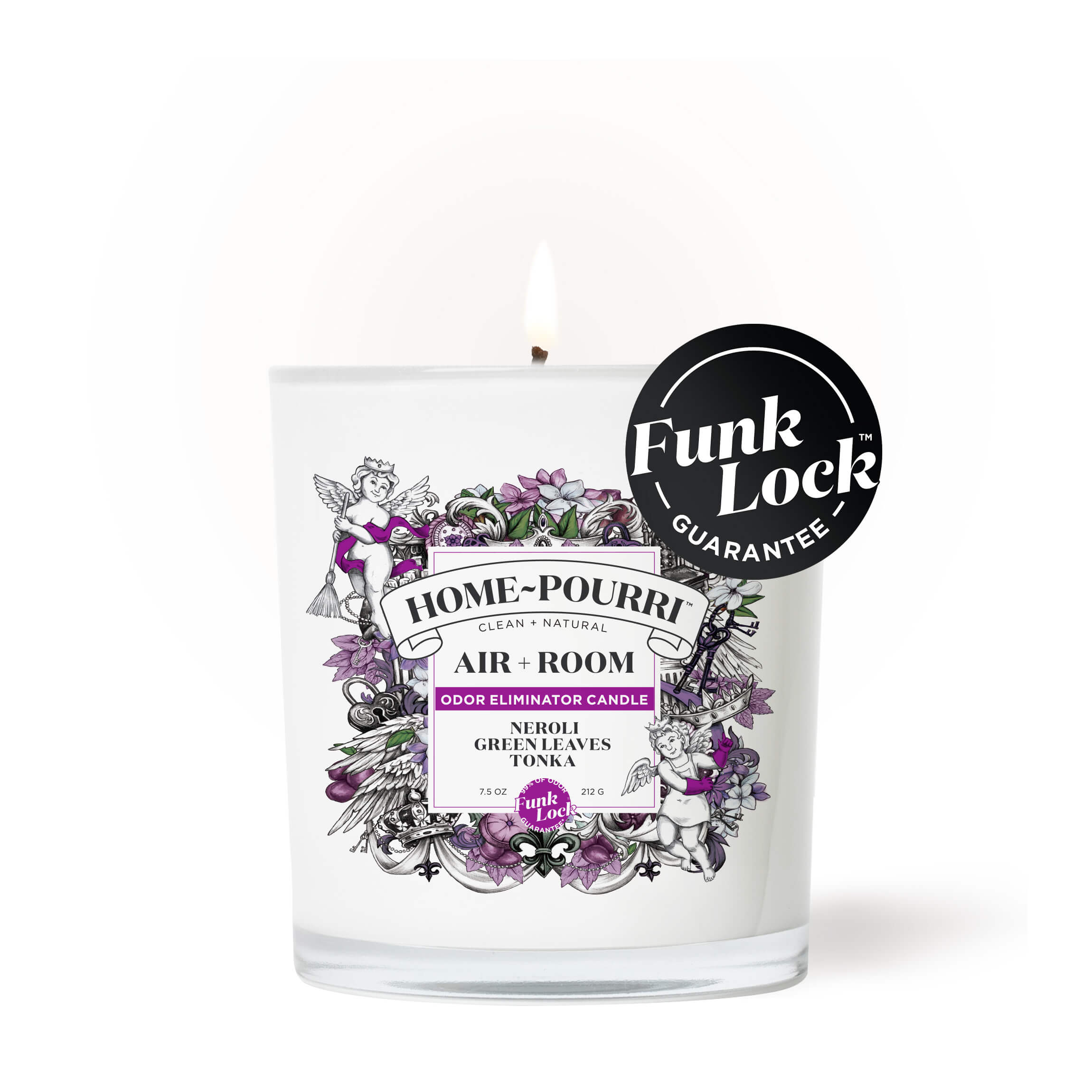 The Neroli Green Leaves Tonka Candle by ~Pourri features a white candle in a glass jar with a floral label and black lid. Lit with a small flame, it emits a calming woodsy scent infused with essential oils.