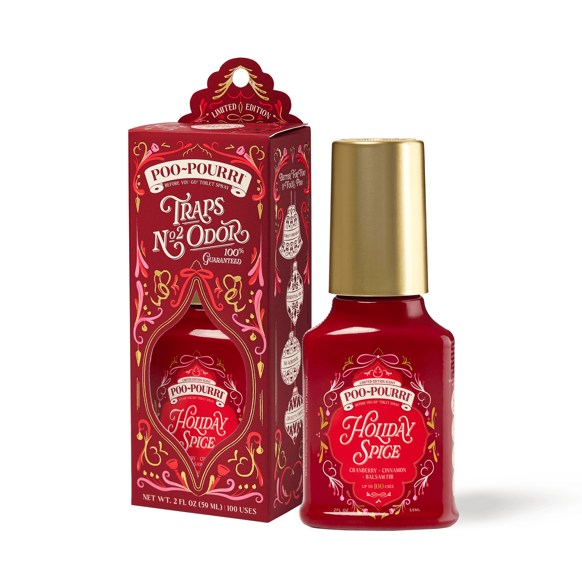 ~Poo-Pourri “Before You Go” toilet spray in the Holiday Spice scent is displayed alongside its packaging against a white background. The bottle features an ornate label holiday elements. The packaging highlights key product benefits, including its ability to trap odors, the use of essential oils, and the absence of aerosols. The scent is described as a blend of cranberry, cinnamon, and balsam fir. The bottle contains 2 fl oz (59 ml) for up to 100 uses.