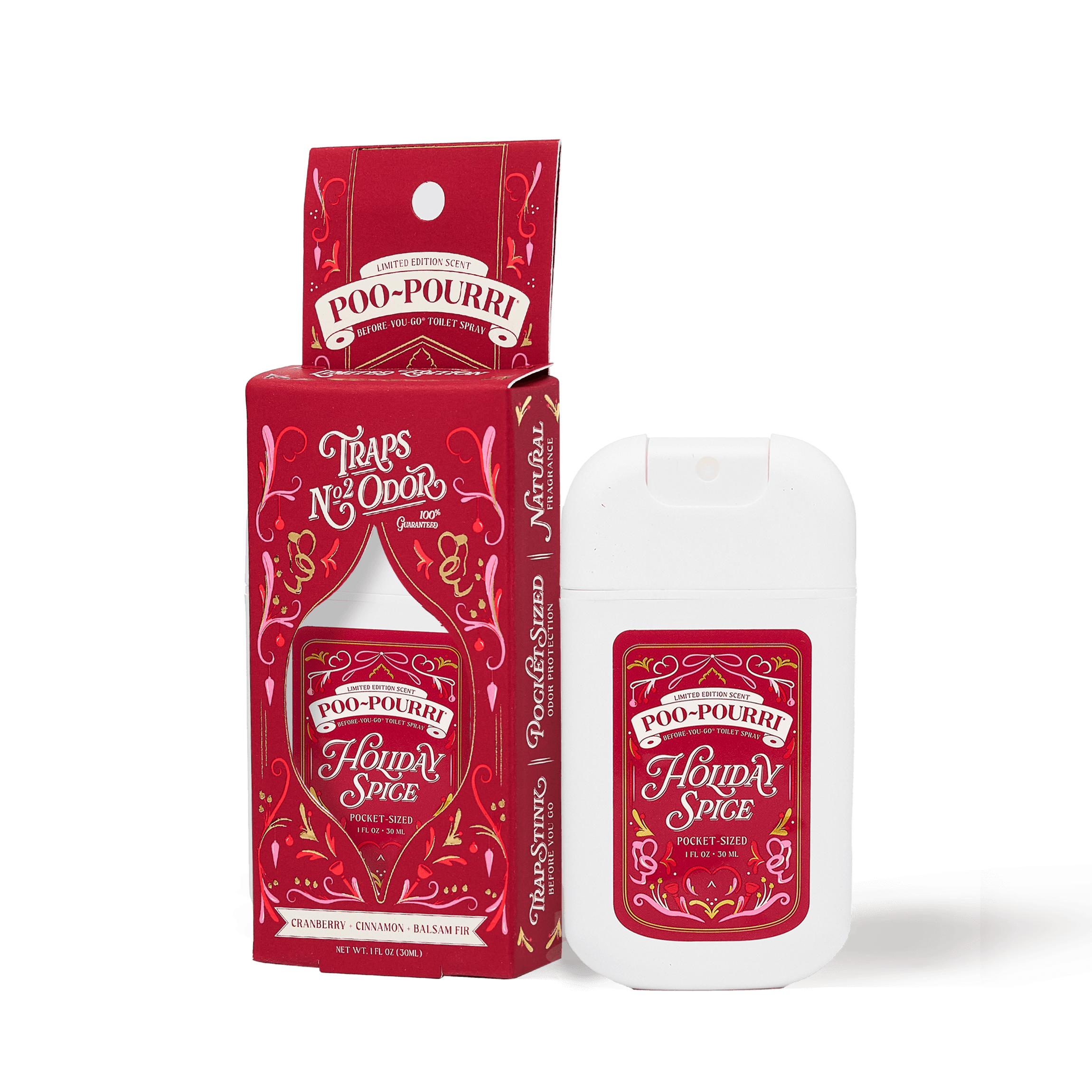 ~Poo-Pourri “Before You Go” toilet spray in the Holiday Spice scent is displayed alongside its packaging against a white background. The bottle features an ornate label holiday elements. The scent is described as a blend of cranberry, cinnamon, and balsam fir. The bottle contains 1 fl oz (30 ml) for up to 50 uses.