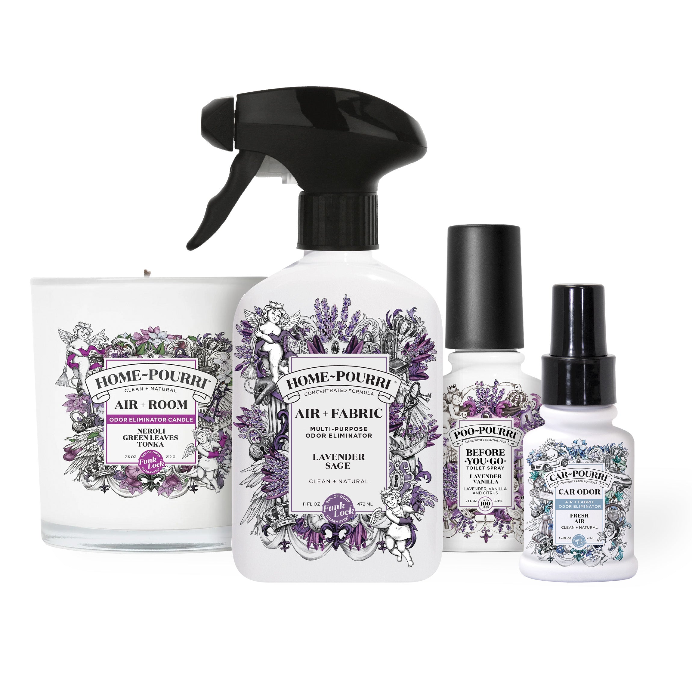 Explore the Fresh Florals collection from ~Pourri, offering four lavender-themed essentials: a candle, spray bottle, small spray, and car spray. Infused with essential oils and crafted with our Fresh & Clean Formula for a calming aroma in any space.