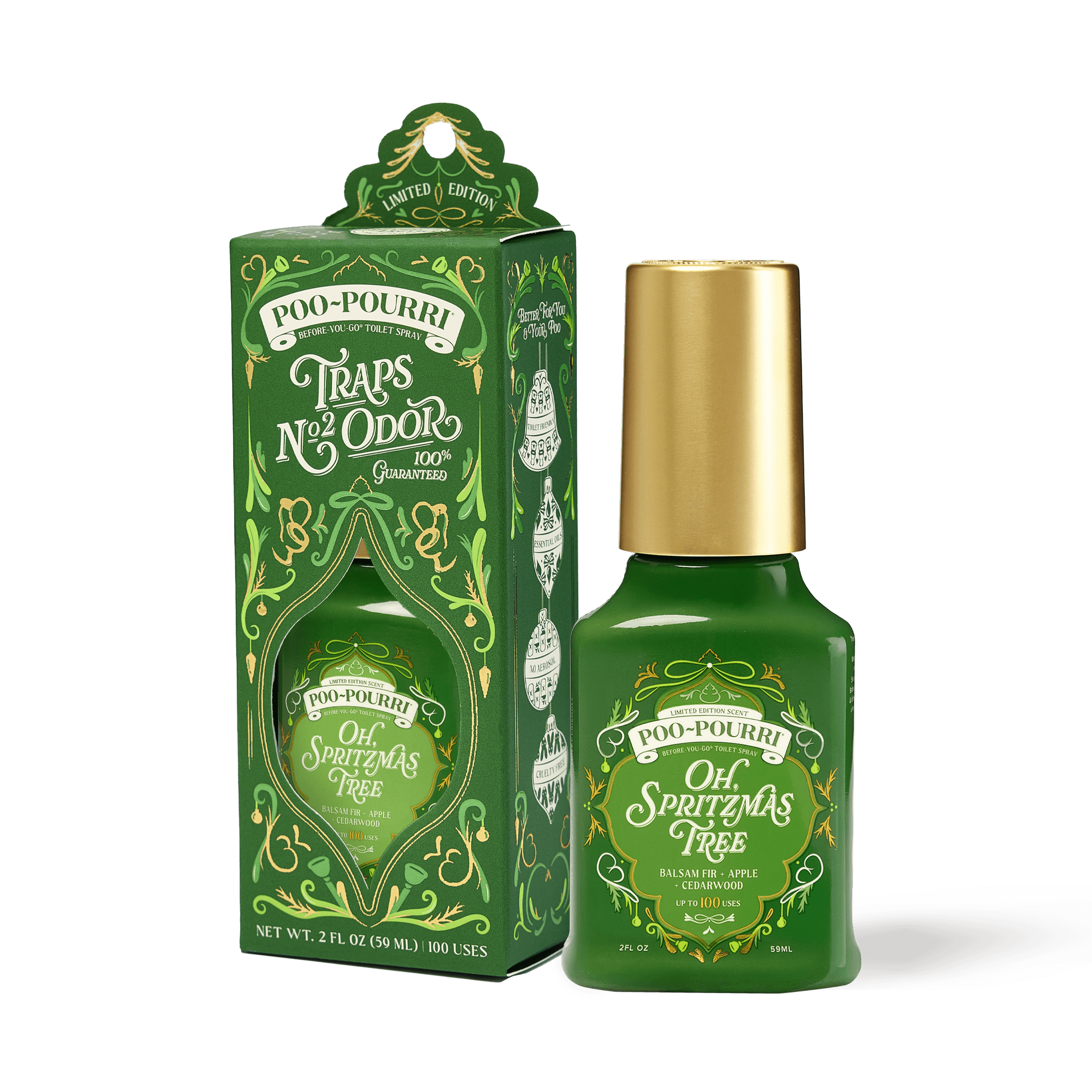 ~Poo-Pourri “Before You Go” toilet spray in the Oh Spritzmas Tree scent is displayed alongside its packaging against a white background. The bottle features an ornate label holiday elements. The packaging highlights key product benefits, including its ability to trap odors, the use of essential oils, and the absence of aerosols. The scent is described as a blend of balsam fir, apple, and cedarwood. The bottle contains 2 fl oz (59 ml) for up to 100 uses.