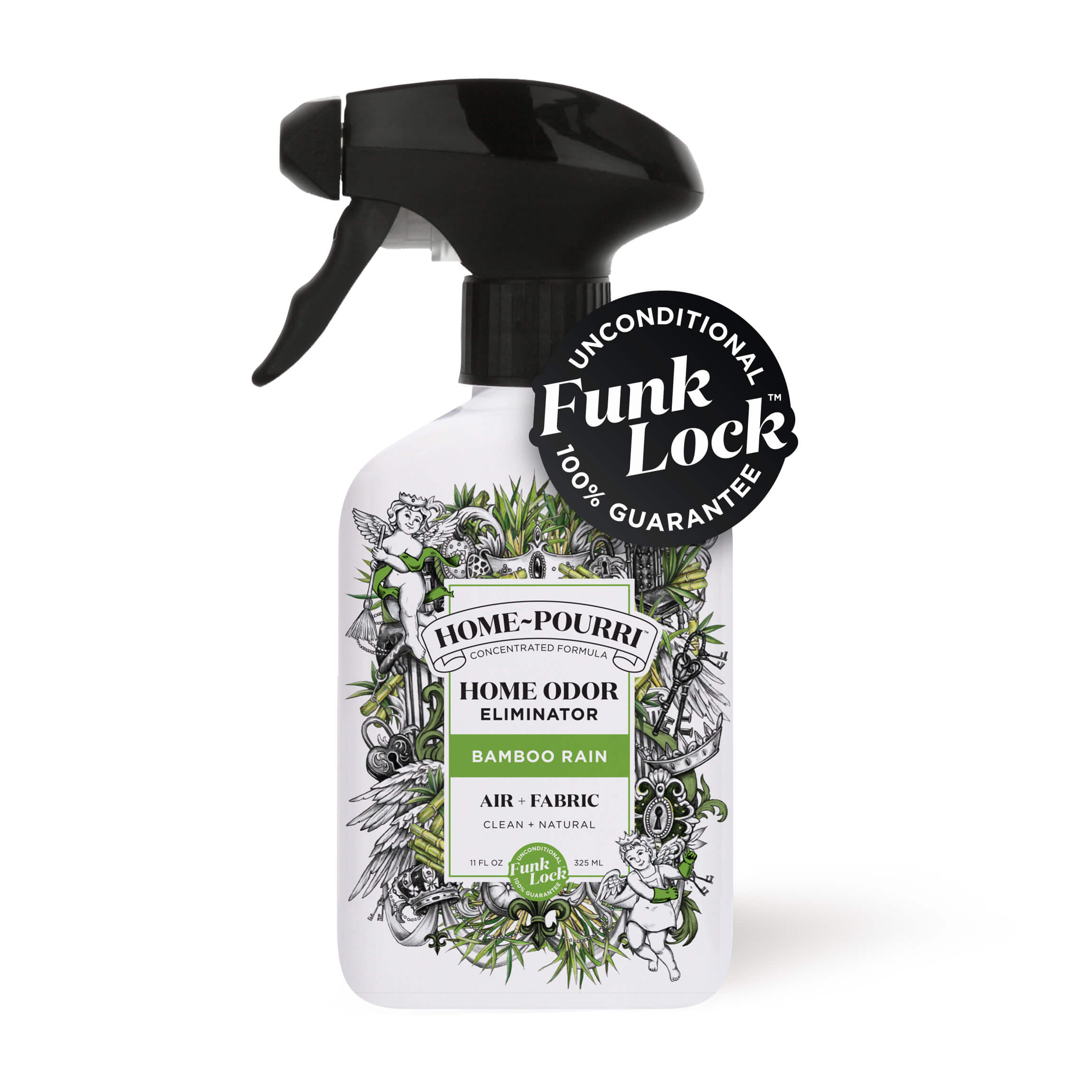 The Bamboo Rain - Home~Pourri Room Spray by ~Pourri, featuring black and green illustrations, is infused with essential oils to freshen up spaces with a bamboo scent and tackle home odors.