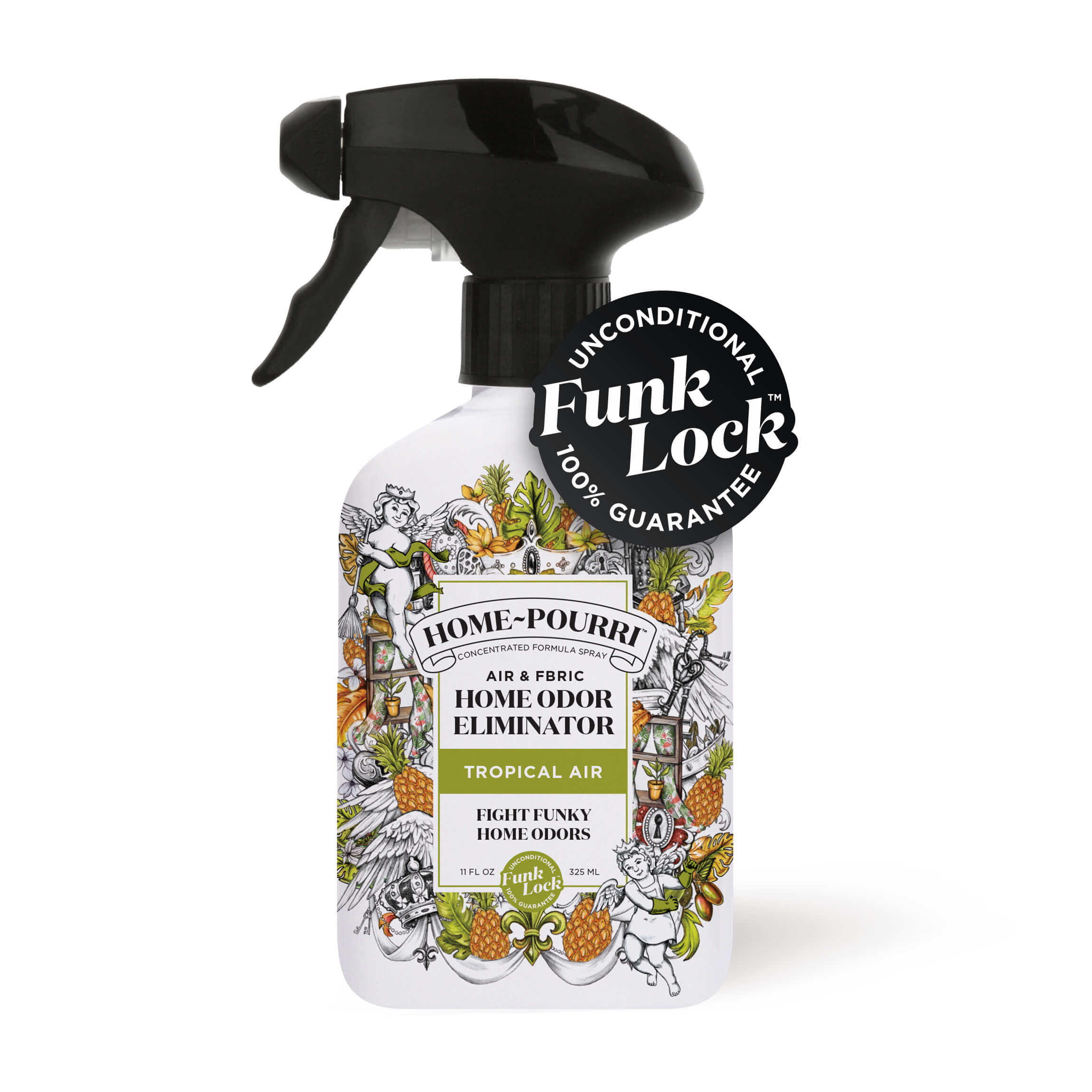 The ~Pourri Tropical Air - Home~Pourri Room Spray features a spray bottle with a pineapple and tropical plant design. Infused with essential oils, it offers a fresh and clean formula to eliminate home odors.