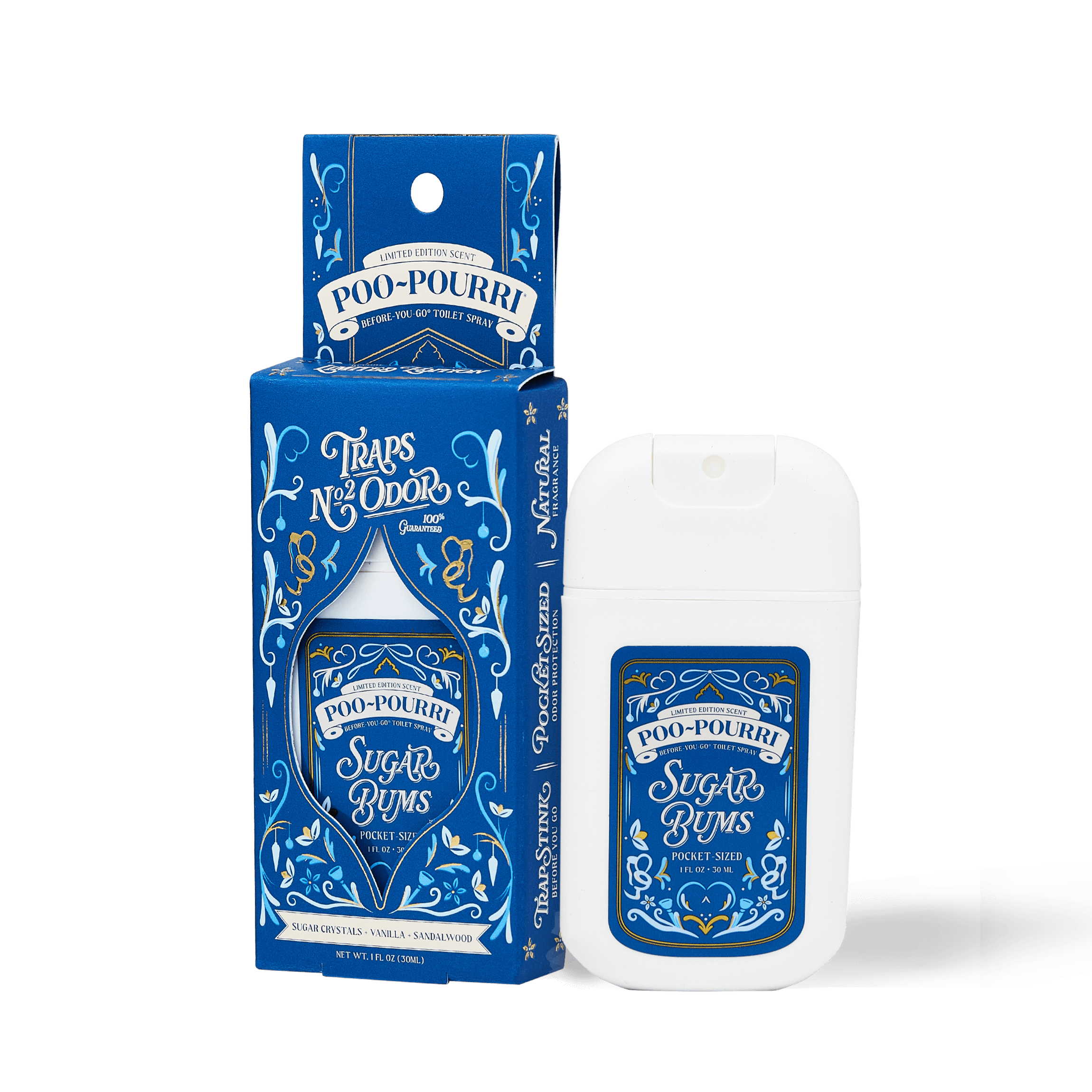 ~Poo-Pourri “Before You Go” toilet spray in the Sugar Bums scent is displayed alongside its packaging against a white background. The bottle features an ornate label holiday elements. The scent is described as a blend of sugar crystals, vanilla, and sandalwood. The bottle contains 1 fl oz (30 ml) for up to 50 uses.