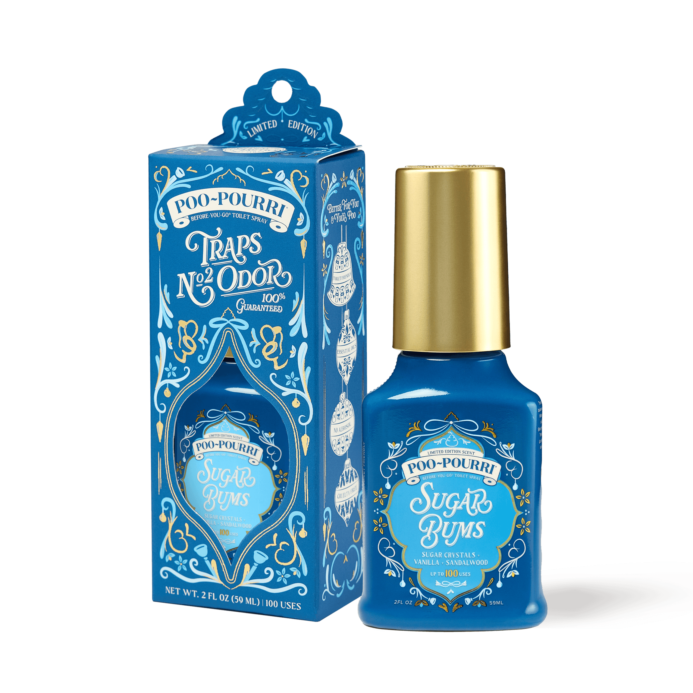~Poo-Pourri “Before You Go” toilet spray in the Sugar Bums scent is displayed alongside its packaging against a white background. The bottle features an ornate label holiday elements. The packaging highlights key product benefits, including its ability to trap odors, the use of essential oils, and the absence of aerosols. The scent is described as a blend of sugar crystals, vanilla, and sandalwood. The bottle contains 2 fl oz (59 ml) for up to 100 uses.