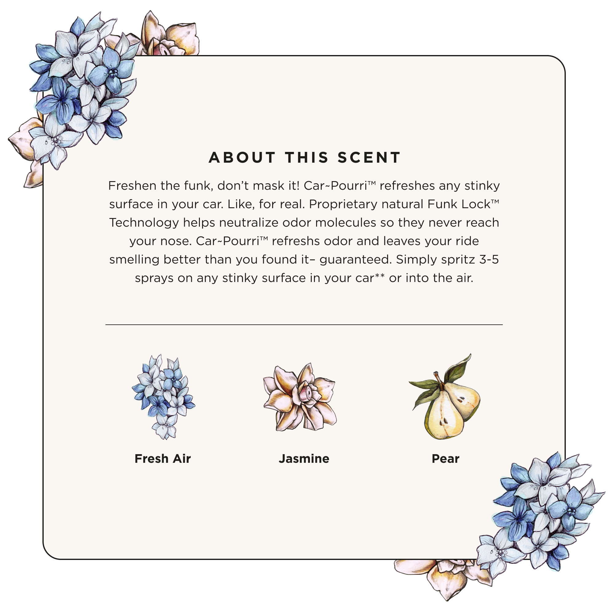 Featuring decorative floral text, Fresh Air - Home~Pourri Room Spray by ~Pourri includes Jasmine and Pear scents. Thanks to Funk Lock™ Technology, these essential oil fragrances effectively refresh your home and fight odors.