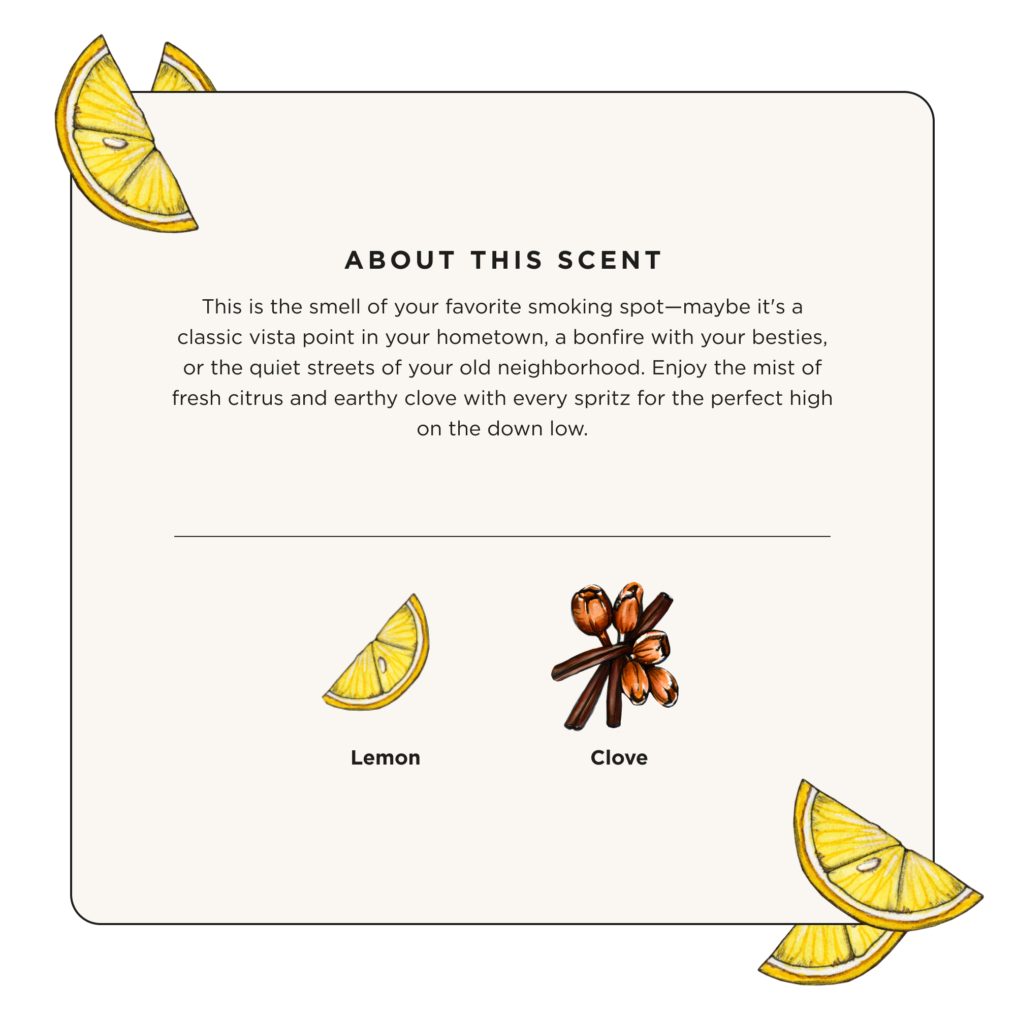 High Hopes - Pot~Pourri Smoke Refresher by ~Pourri features decorative text with lemon and clove illustrations, offering a scent infused with essential oils that evokes citrus and earthy clove aromas.