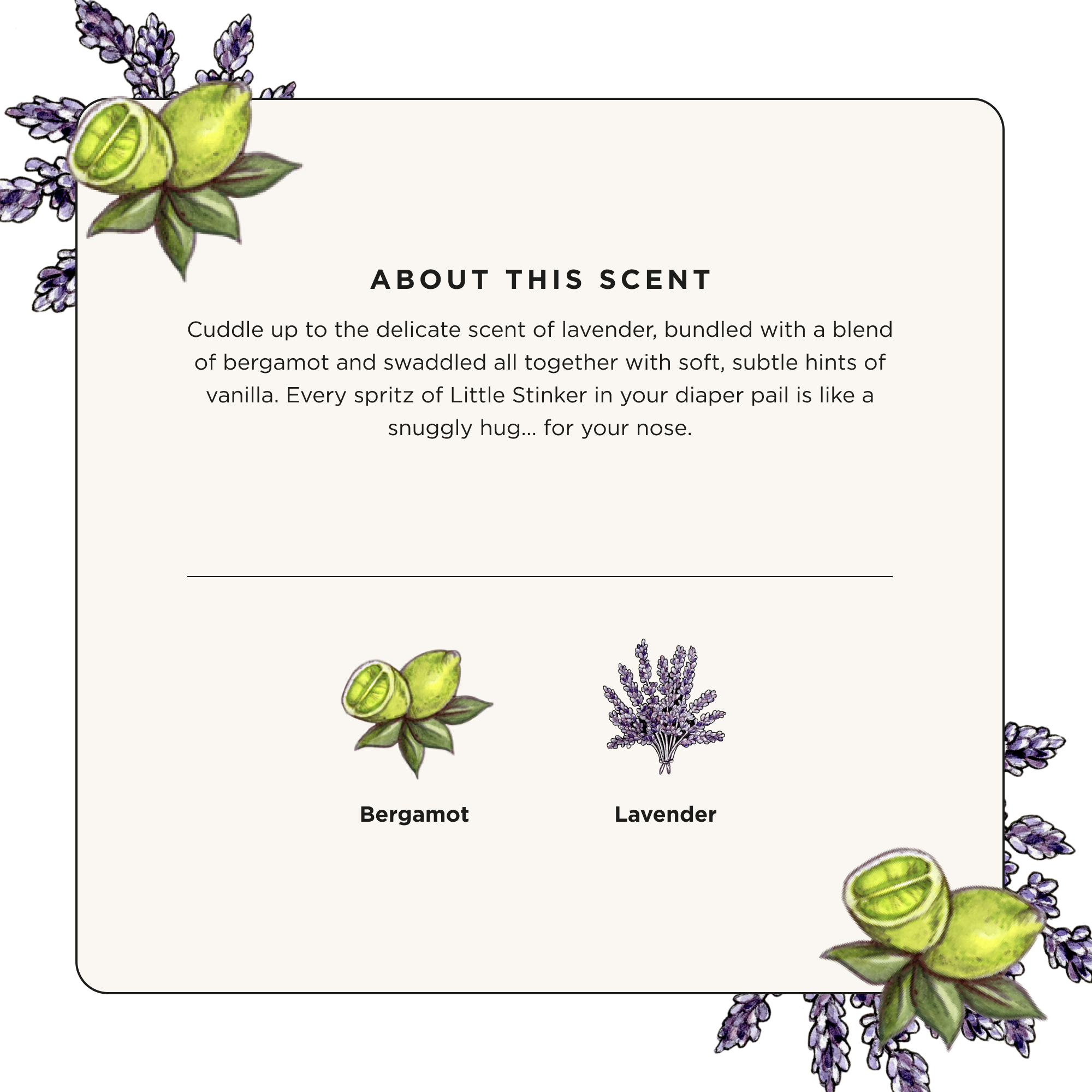 Explore the delightful scent of bergamot and lavender with ~Pourris Little Stinker - Baby-Pourri Diaper Pail Freshener. Infused with essential oils, it also acts as a natural odor neutralizer with aromatic plant illustrations.