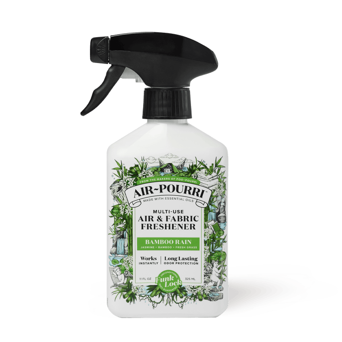 The Bamboo Rain - Home~Pourri Room Spray by ~Pourri, featuring black and green illustrations, is infused with essential oils to freshen up spaces with a bamboo scent and tackle home odors.