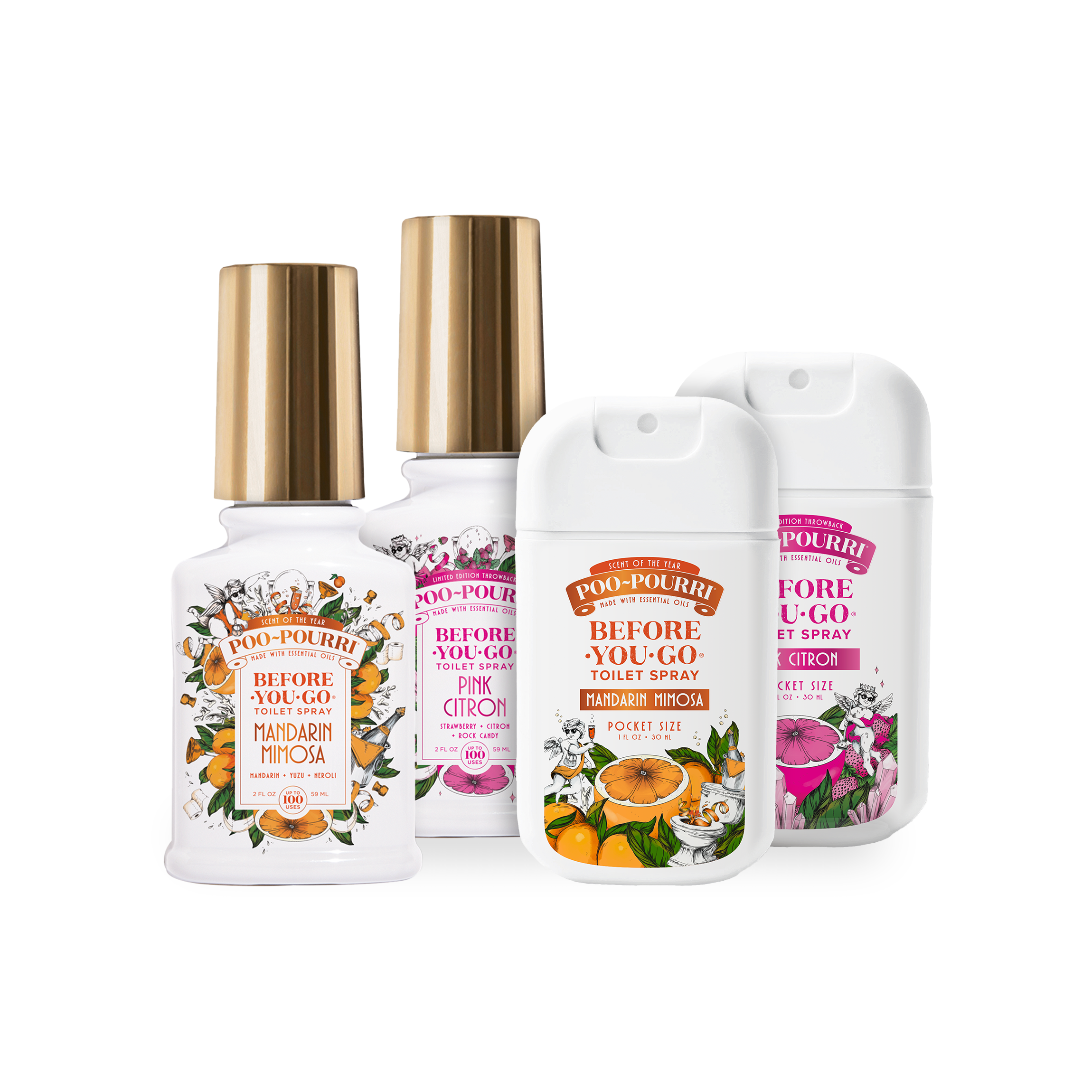 Scent of The Year Bundle displayed on a white background, featuring multiple items arranged neatly. The bundle includes one 2oz Poo~Pourri Mandarin Mimosa Spray, one 2oz Poo~Pourri Pink Citron Spray, one 1oz Poo~Pourri Mandarin Mimosa Pocket Spray Fir spray, one 1oz Poo~Pourri Pink Citron Pocket Spray Fir spray.