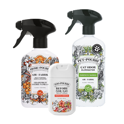 Three bottle of Pourri, Home~Pourri Grapefruit Lychee Vanilla, Poo~Pourri Tropical Hibiscus pocket Sprayer, and Pet~Pourri Purrfectly Bamboo