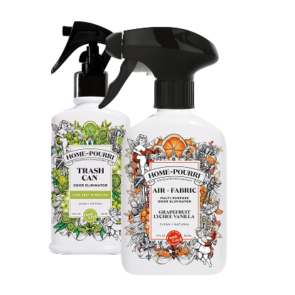 Home~Pourri Trash Can Lime Zest and Matcha, and Grapefruit Lychee Vanilla Spray bottles.