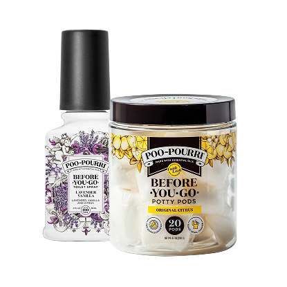 Poo~Pourri Lavender Vanilla spray and Original Citrus Potty Pods.