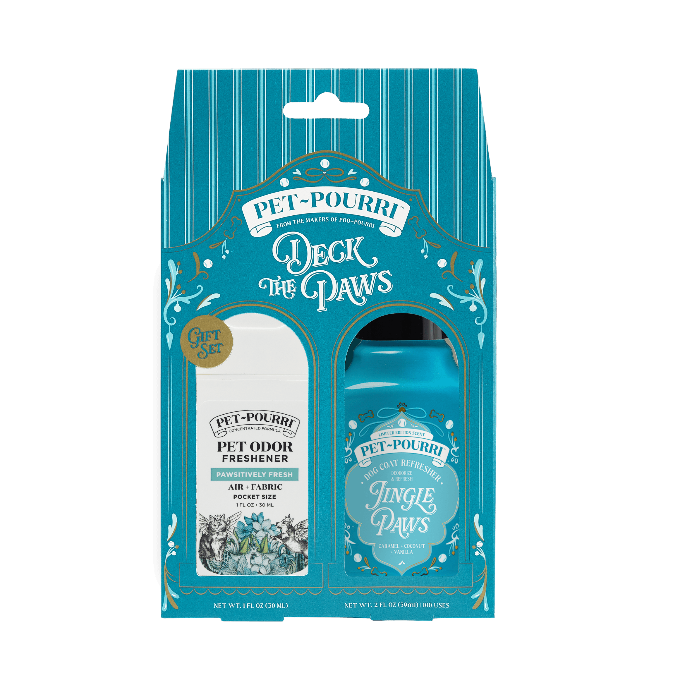 Pet-Pourri 'Deck the Paws' pet odor freshener in its blue and white striped retail packaging.