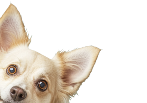 Close-up of a dog's face corner peaking