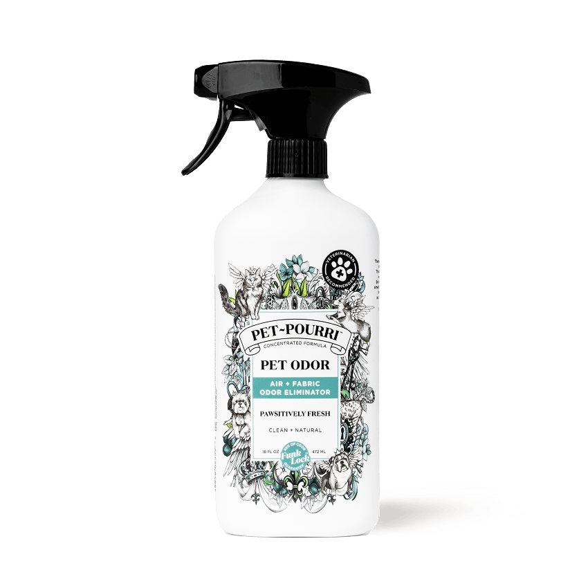 Pet-Pourri Pawsitively fresh pet odor air and fabric freshener spray bottle on a white background