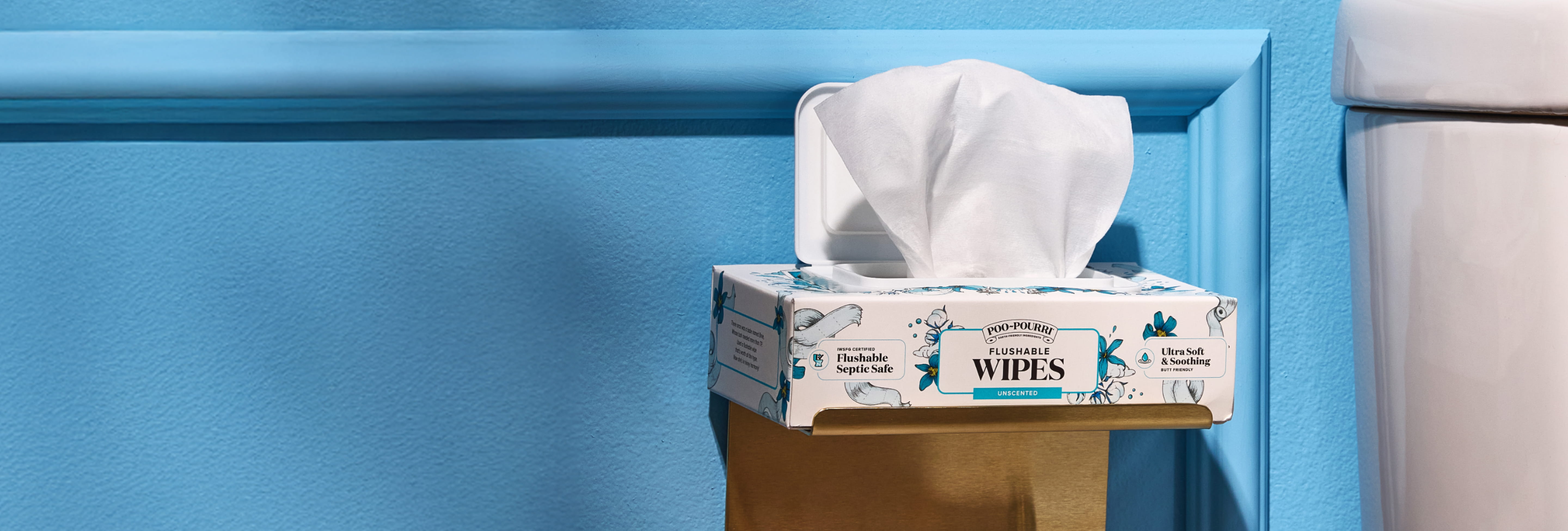 Box of flushable wipes next to a toilet against blue surface