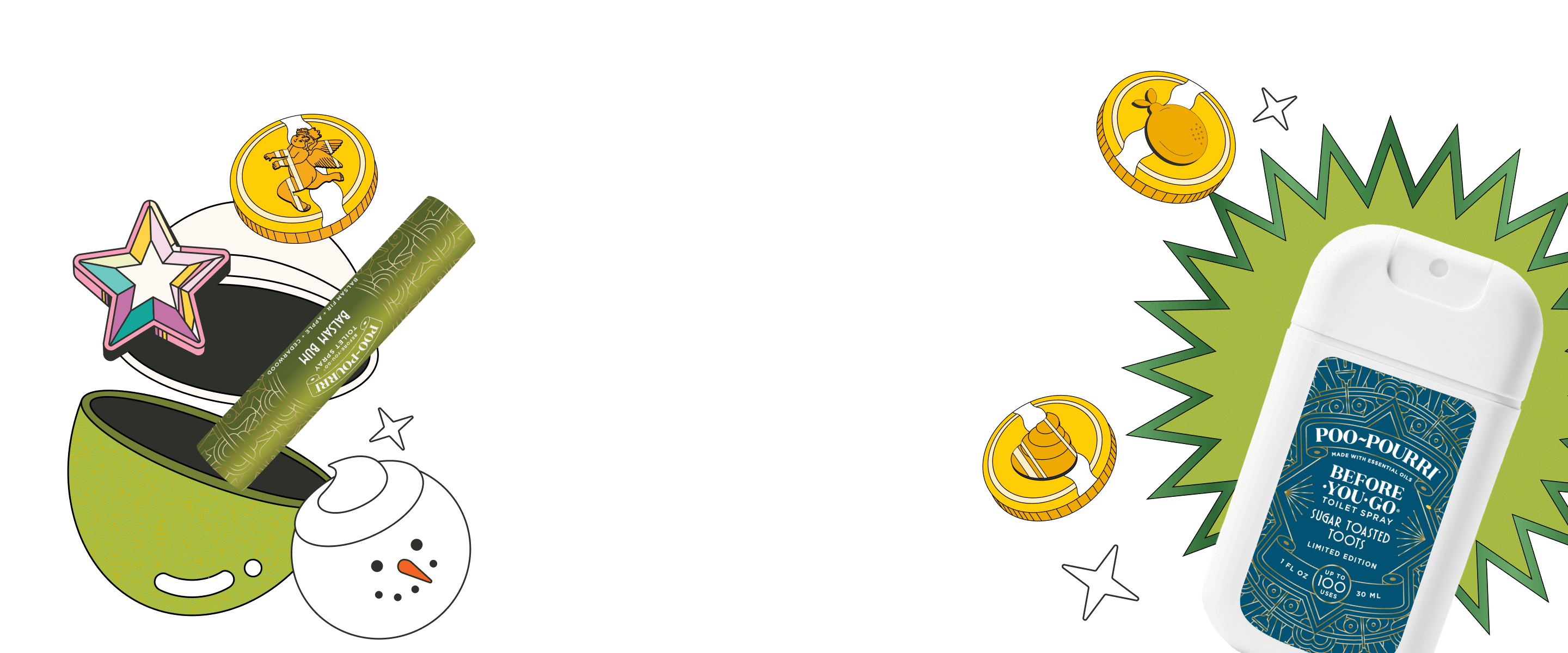 Playful digital illustration featuring a Poo-Pourri Before-You-Go Toilet Spray in a limited-edition Sugar Toast scent, surrounded by golden reward coins and a balm bar. The background is transparent with comic-style elements, creating a fun and engaging visual theme.