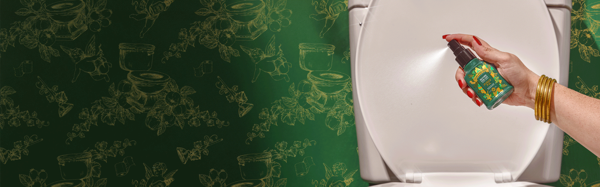 Holiday Poo~Pourri scents spraying into white toilet