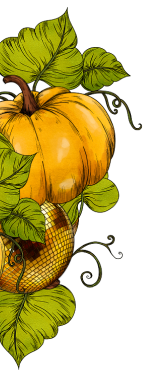 Illustration of a pumpkin with a disco ball and leaves