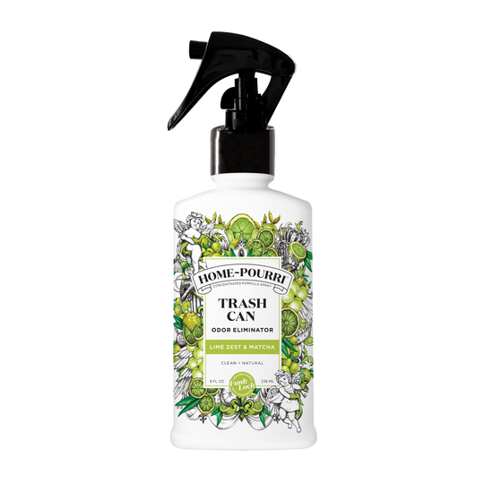 White spray bottle labeled ~Pourri Lime Zest & Matcha - Home~Spray Air Freshener for Trash Can, featuring a vibrant design and infused with refreshing essential oils.