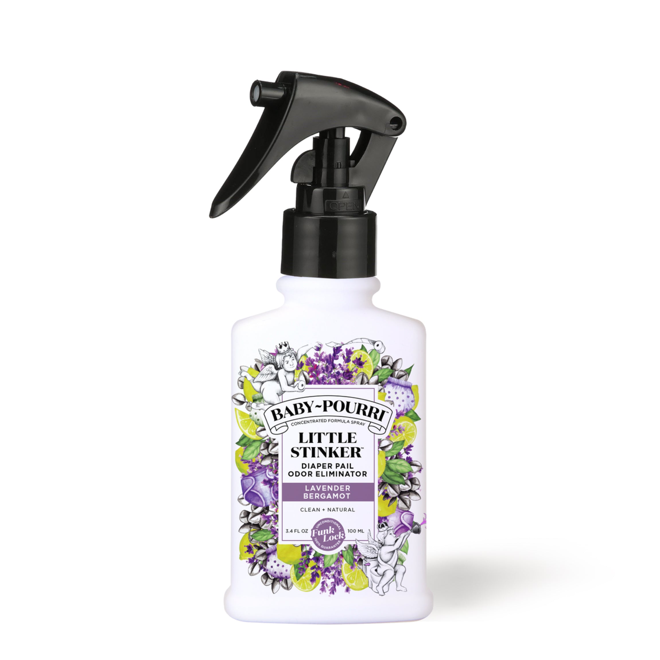 A spray bottle of Little Stinker - Baby-Pourri Diaper Pail Freshener by ~Pourri, features a floral and cartoon design against a white backdrop. This charming odor neutralizer uses essential oils to keep spaces fresh and pleasant.