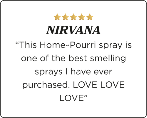 Product review for Home~Pourri with five gold stars and a customer testimonial that says. 