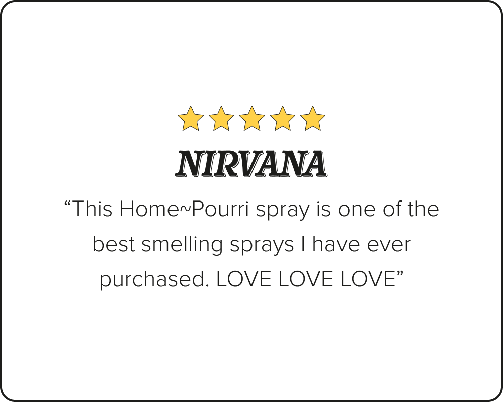Product review for Home~Pourri with five gold stars and a customer testimonial that says. 