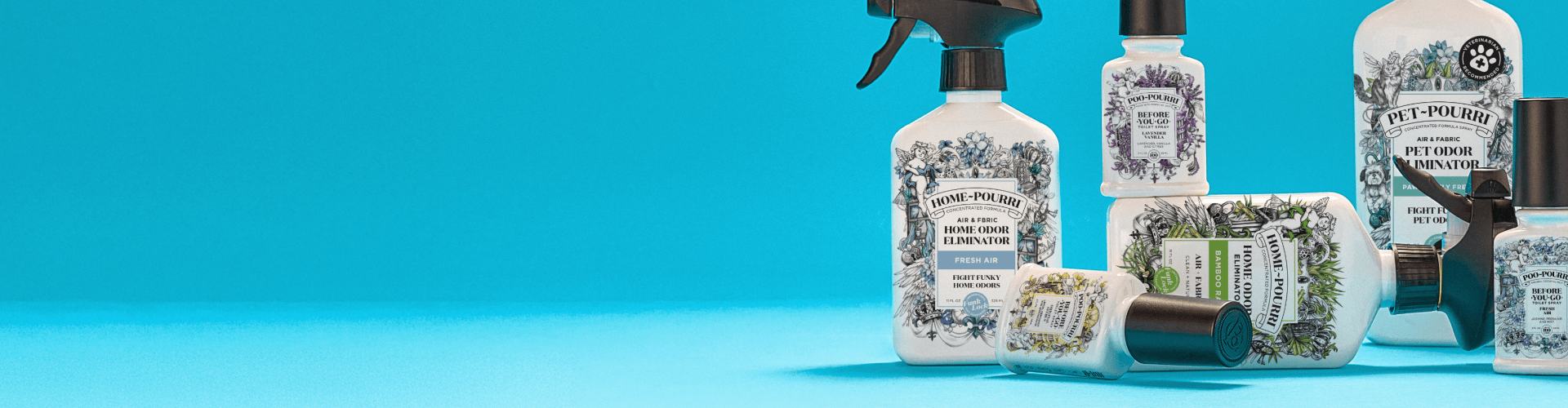 Collection of ~Pourri products on a blue background