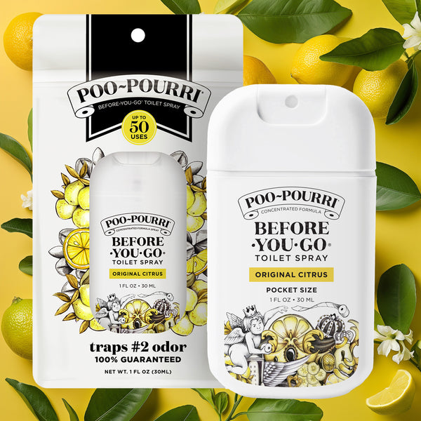 A Poo-Pourri Before-You-Go Toilet Spray in Original Citrus scent, displayed with vibrant background elements of fresh lemons and green leaves. The white pocket-size bottle has black and yellow label details, and the packaging behind it includes lemon, cherub, and toilet paper illustrations and product benefits.