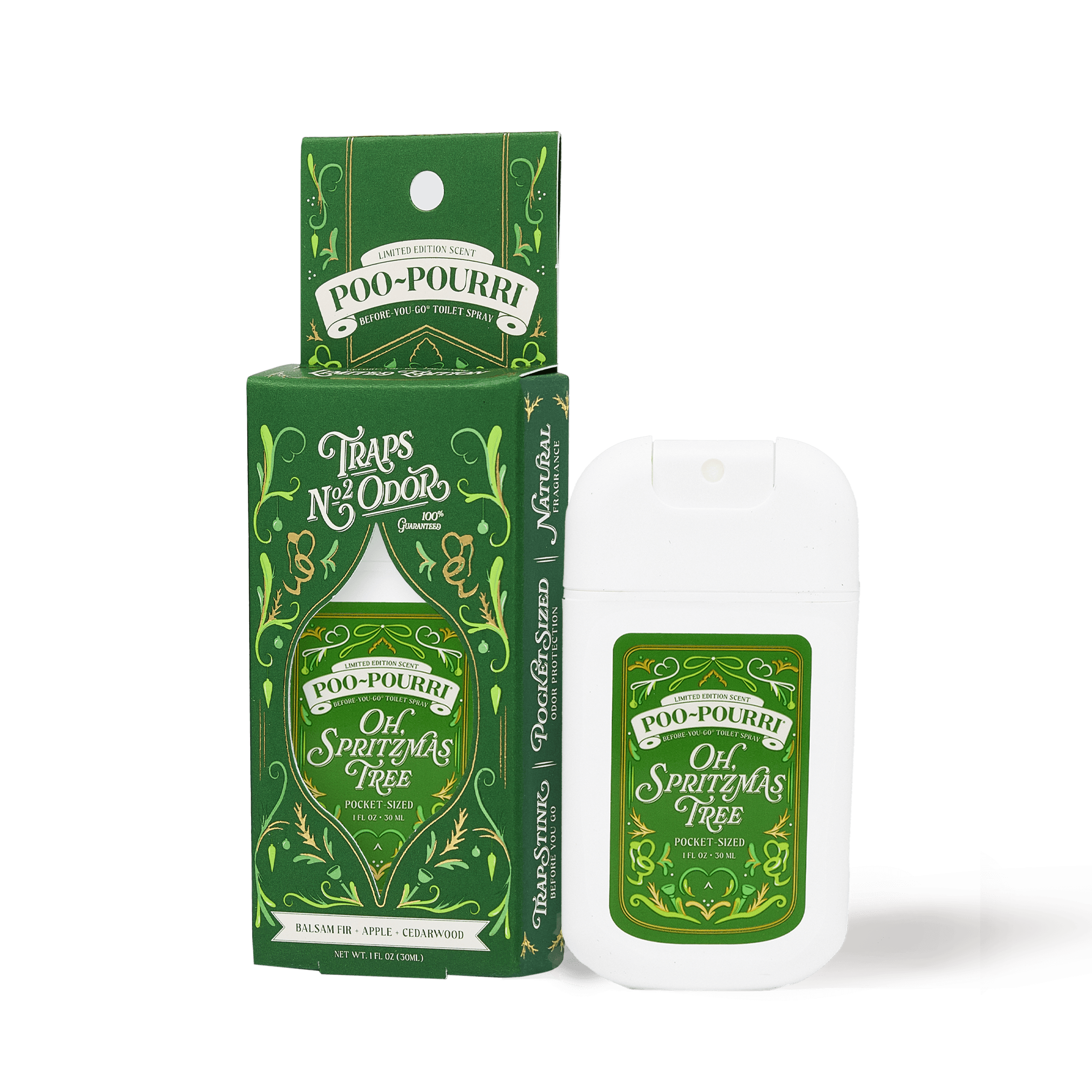 ~Poo-Pourri “Before You Go” toilet spray in the Oh Spritzmas Tree scent is displayed alongside its packaging against a white background. The bottle features an ornate label holiday elements. The scent is described as a blend of balsam fir, apple, and cedarwood. The bottle contains 1 fl oz (30 ml) for up to 50 uses.