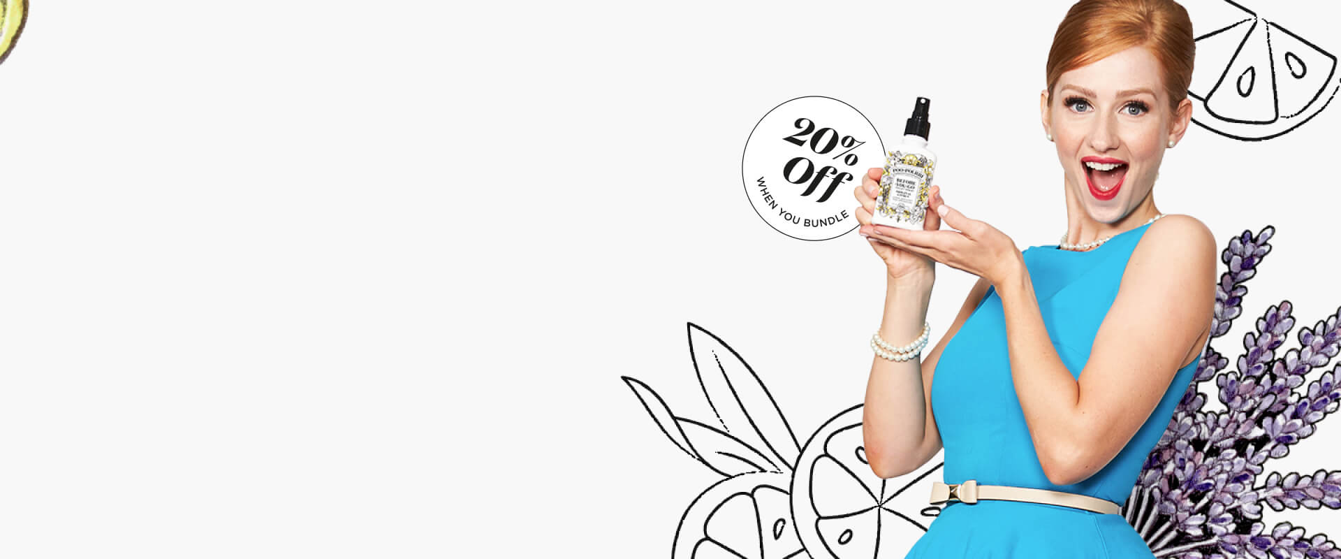 A smiling woman in a blue dress holds a bottle, surrounded by cheerful lemon slice illustrations. Text reads 20% Off When You Bundle.