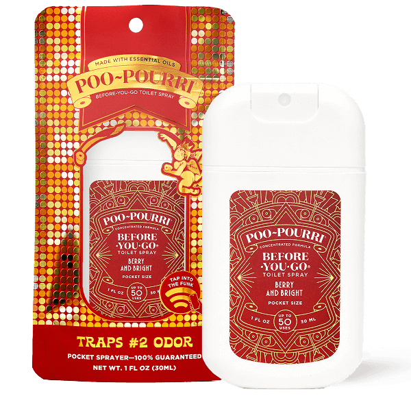 Try the 1 fl oz Berry and Bright Pocket Sprayer from ~Pourri. This Poo~Pourri Toilet Spray, infused with essential oils, traps odors before they begin, keeping your bathroom fresh. Its compact bottle design makes it perfect for discreet use