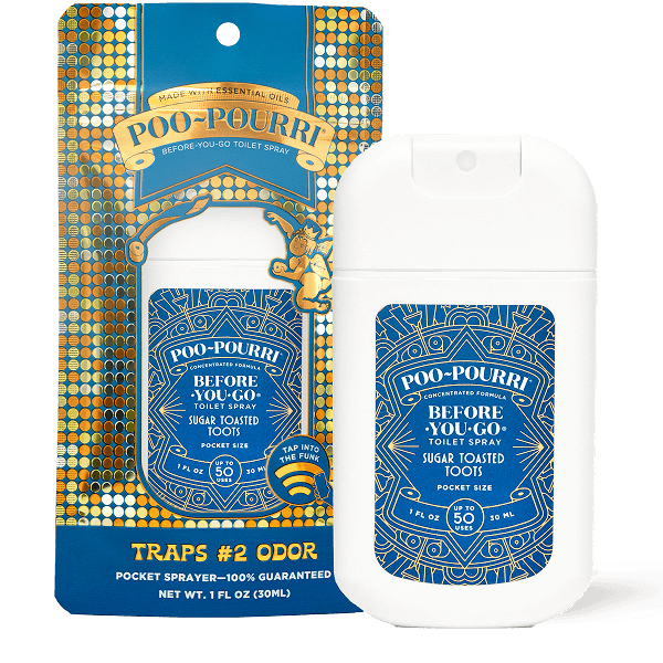 Try the 1 fl oz Sugar Toasted Toots Pocket Sprayer from ~Pourri. This Poo~Pourri Toilet Spray, infused with essential oils, traps odors before they begin, keeping your bathroom fresh. Its compact bottle design makes it perfect for discreet use