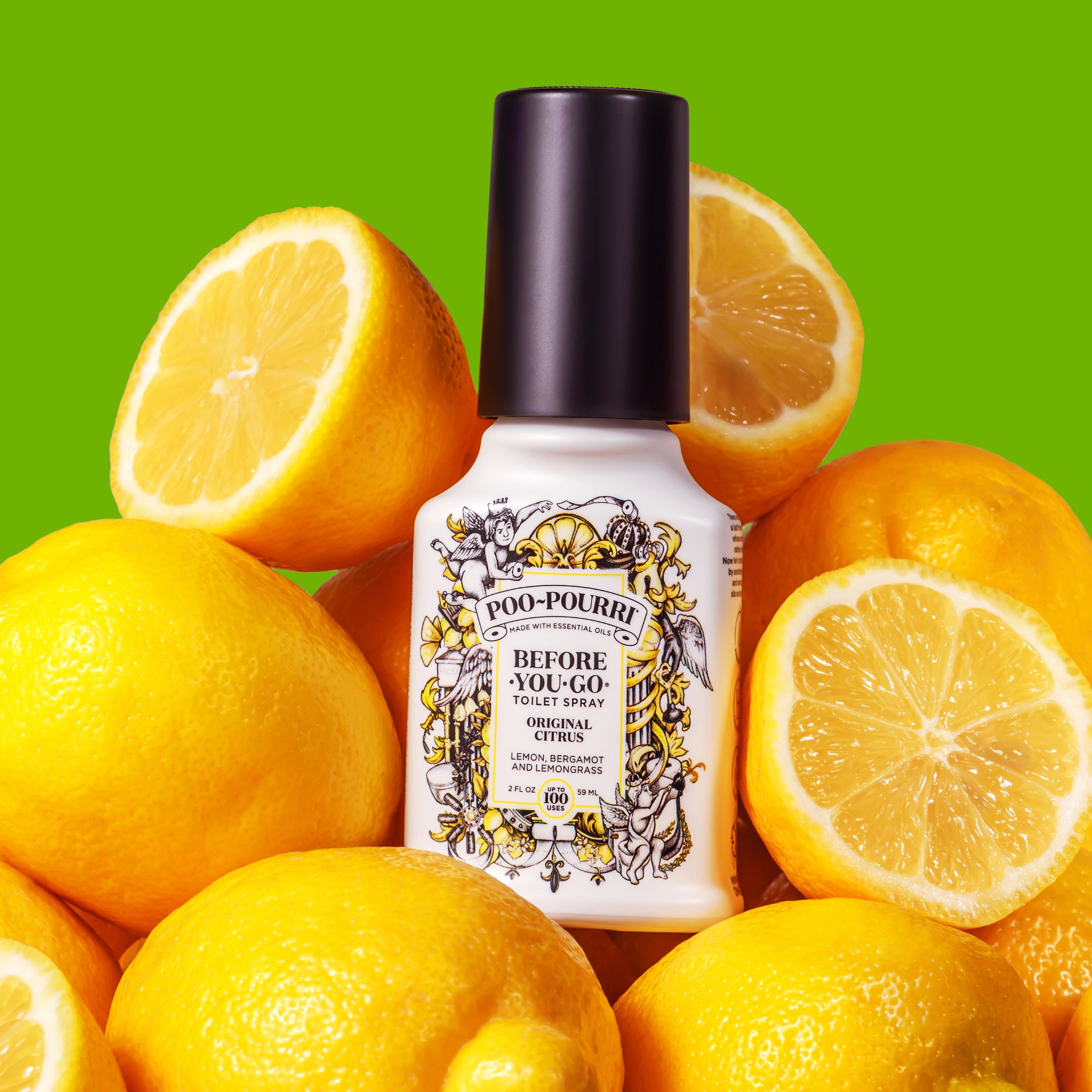  A bottle of Poo-Pourri “Before You Go” toilet spray in the “Original Citrus” scent, surrounded by whole and halved fresh lemons. The white bottle has an ornate black and gold label, and the vibrant green background enhances the citrus theme.