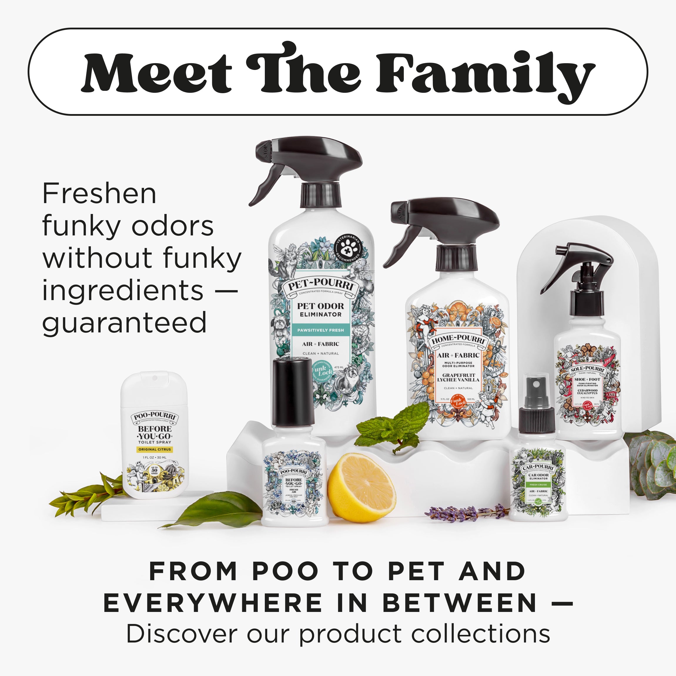 Meet the family: Freshen funky odors without funky ingredients - guaranteed. From poo to pet and everywhere in between - discover our product collection: Toilet sprayers, pet odor fresheners, home multi-purpose odor fresheners, car odor fresheners, shoe and foot.